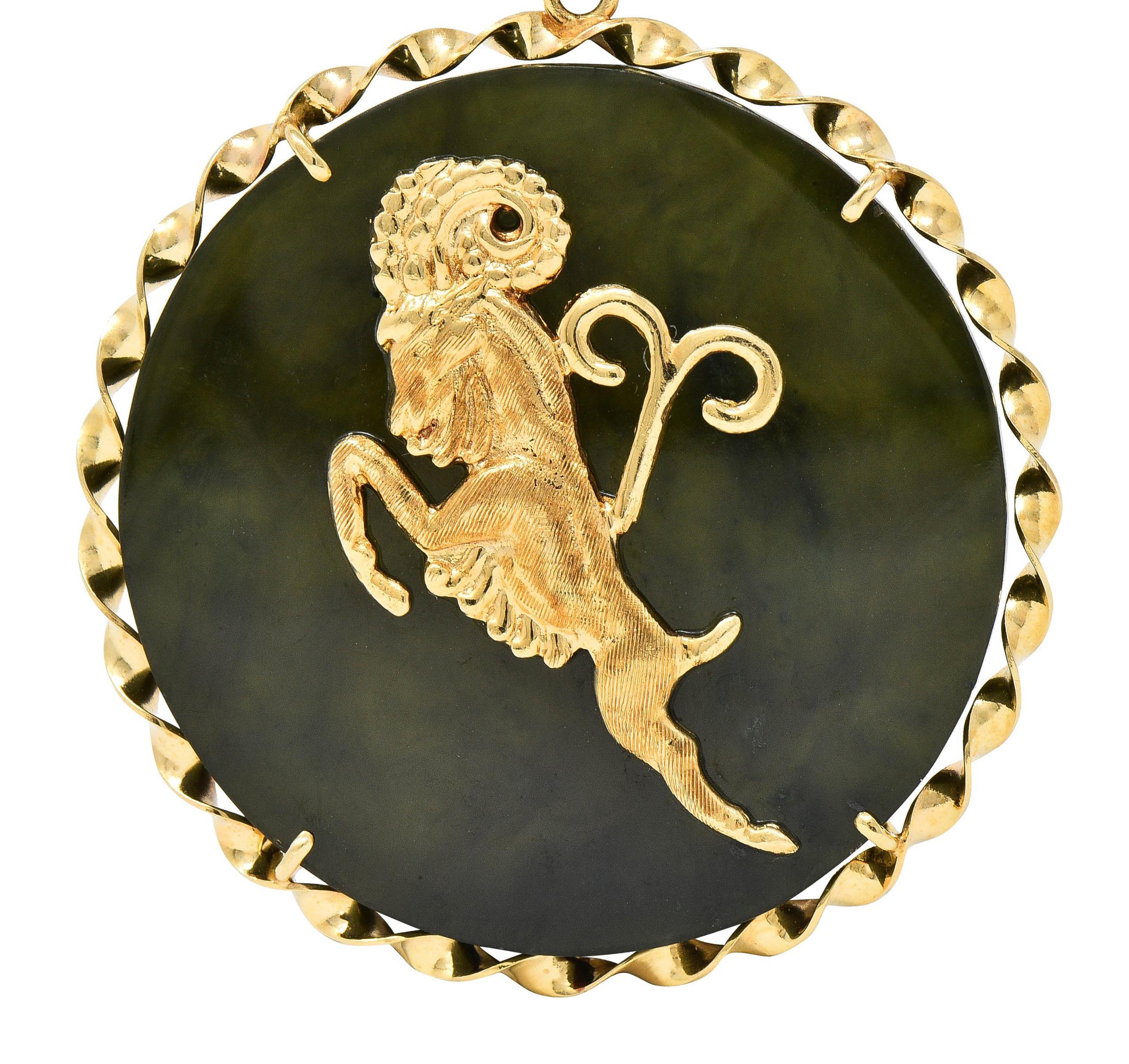 1970's Nephrite Jade 14 Karat Yellow Gold Vintage Aries Zodiac Pendant 2