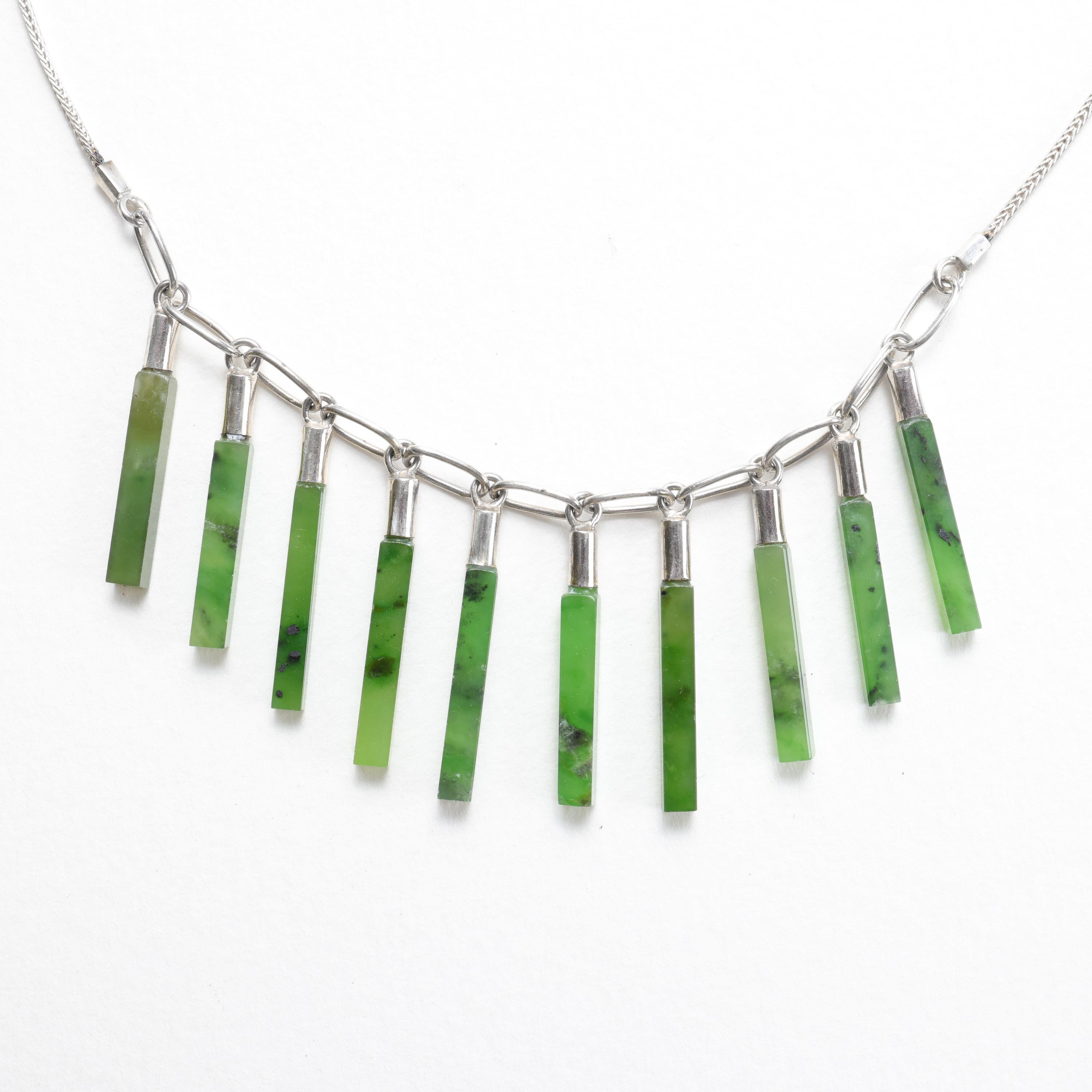 1970er Jahre Nephrit Jade Fransen Halskette, Silber, handgefertigt 16