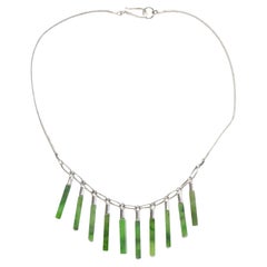 1970s Nephrite Jade Fringe Necklace, Silver, Handmade 16"