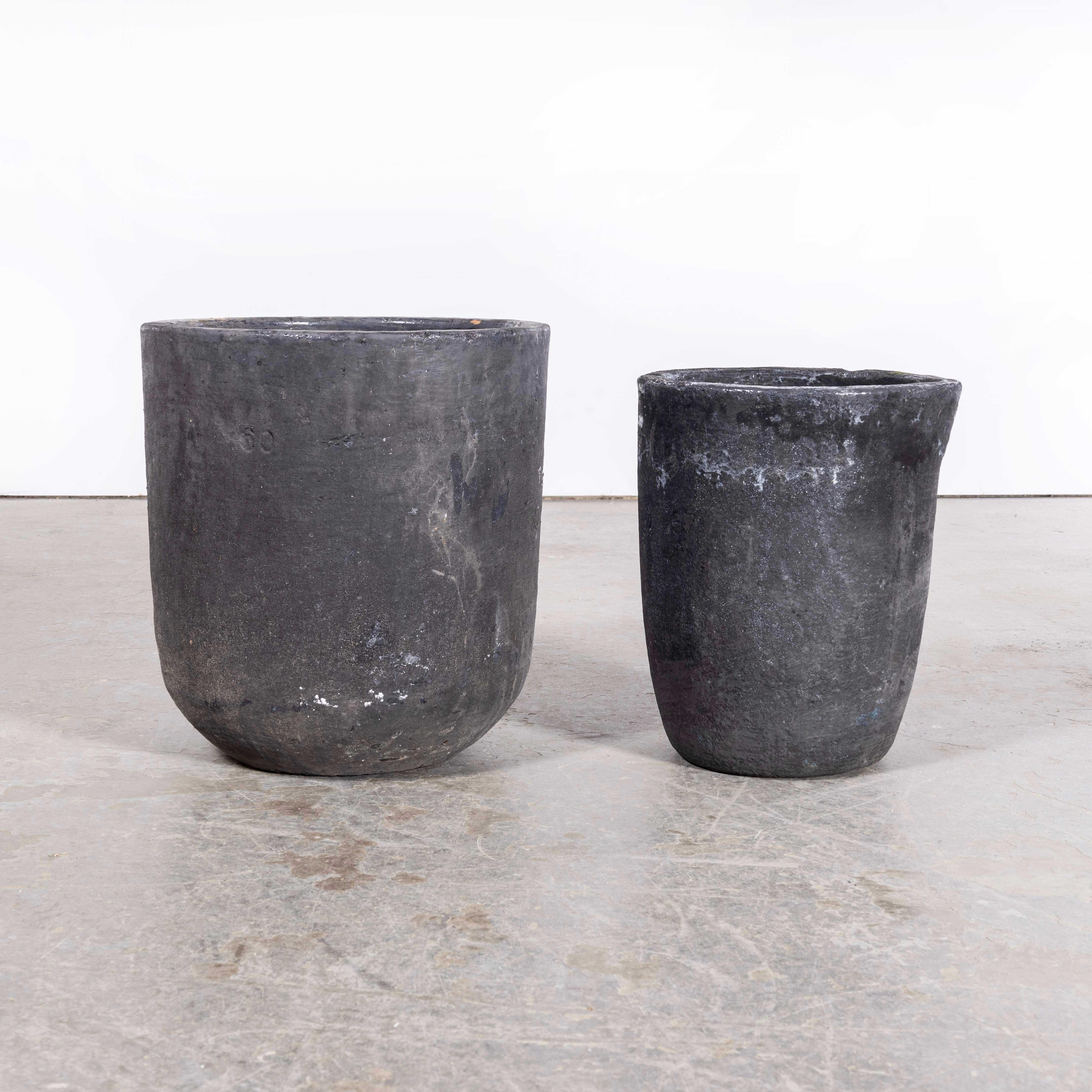 1970’s New Old Stock Foundry Crucible Pots – Pair
1970’s New Old Stock Foundry Crucible Pots – Pair. Sourced in Belgium these crucible pots are new old stock from the 1970’s, never used. Crucible pots are high heat resistant pots used to hold and