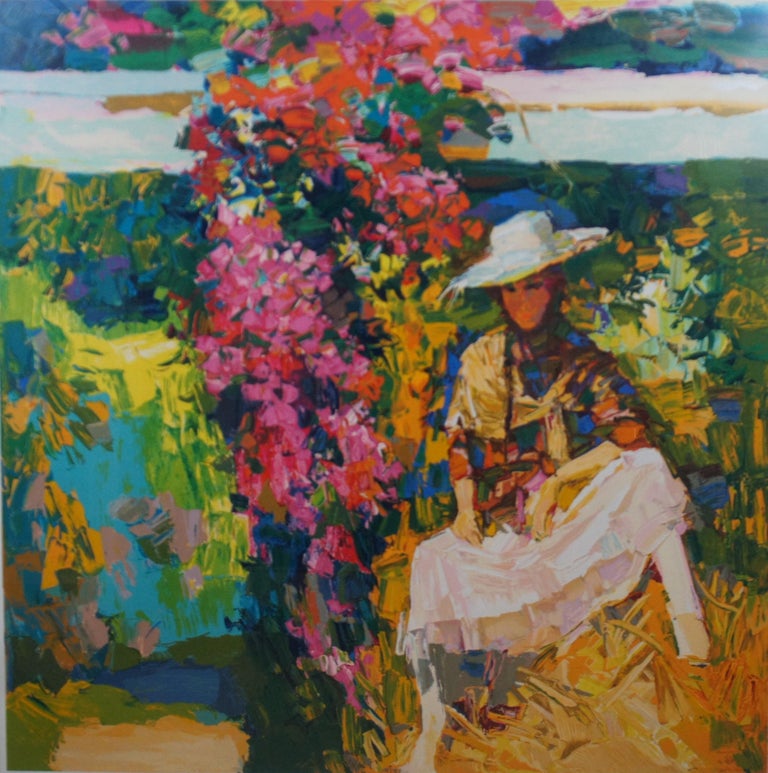 1970s Nicola Simbari Woman with Flowers Impressionist Serigraph Print In Good Condition For Sale In Dayton, OH