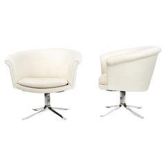 1970s Nicos Zographos Bucket Swivel Armchair in White Leather Polished Stainless