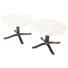 1970s Nicos Zographos Calacatta Marble Side Tables, Bronze Alpha Bases (Pair)
