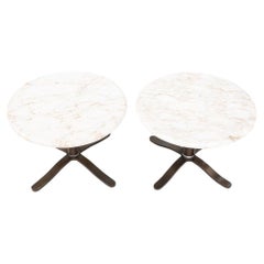 1970s Nicos Zographos Calacatta Marble Side Tables, Bronze Alpha Bases (Pair)