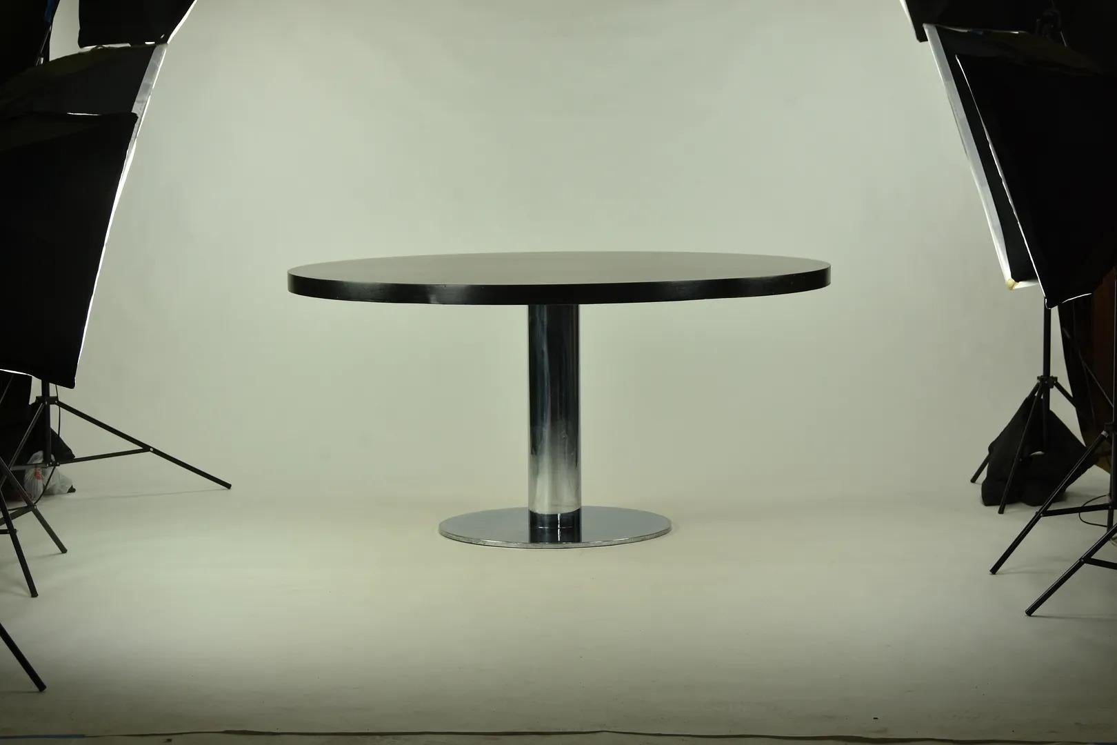 American 1970s Nicos Zographos Pedestal Dining Table in Chromed Steel and Ebonized Wood For Sale
