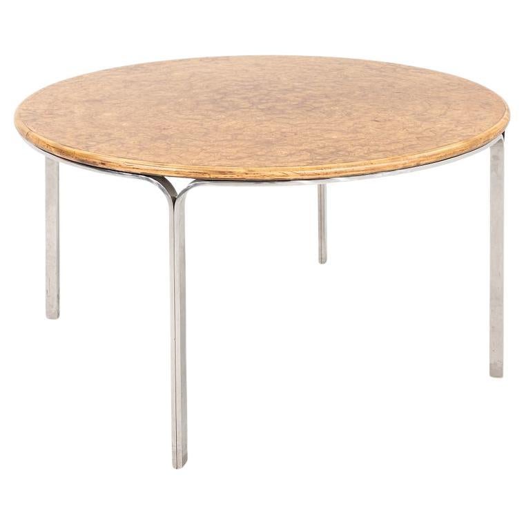 1970s Nicos Zographos Round Dining Table in Stainless Steel and Burled Wood