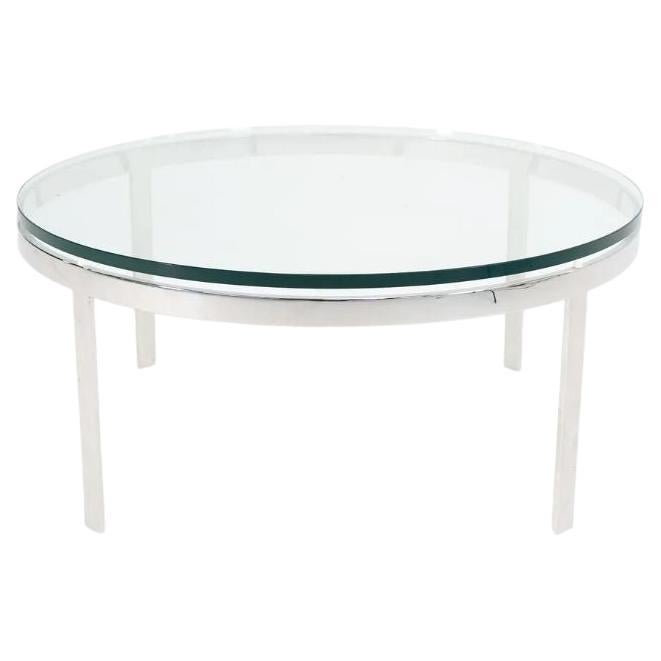 1970s Nicos Zographos Round Glass Coffee Table w/ Polished Stainless Steel Base For Sale