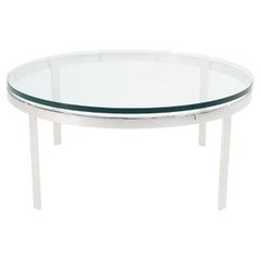 Retro 1970s Nicos Zographos Round Glass Coffee Table w/ Polished Stainless Steel Base
