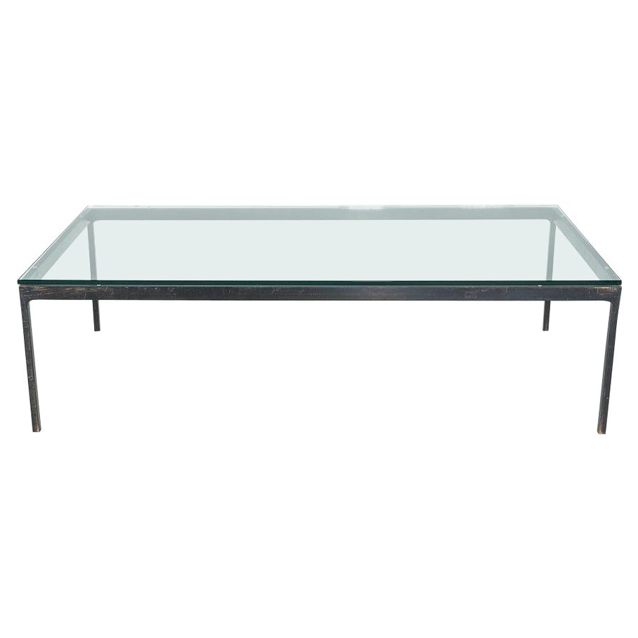 1970s Nicos Zographos Solid Patinated Bronze Coffee Table with Glass Top 32x60