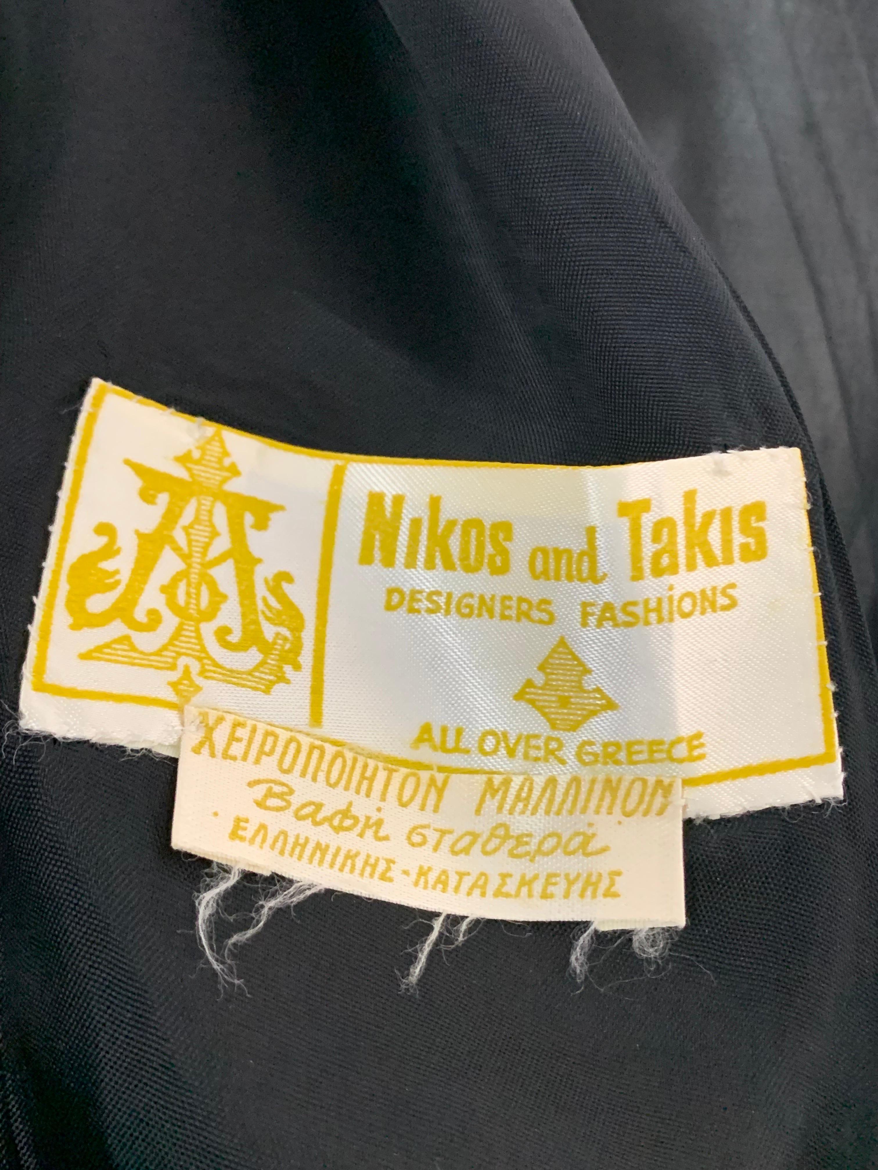 1970s Nikos-Takis Black Wool & Silk Chiffon Folkloric Maxi Dress w Embroidery For Sale 13