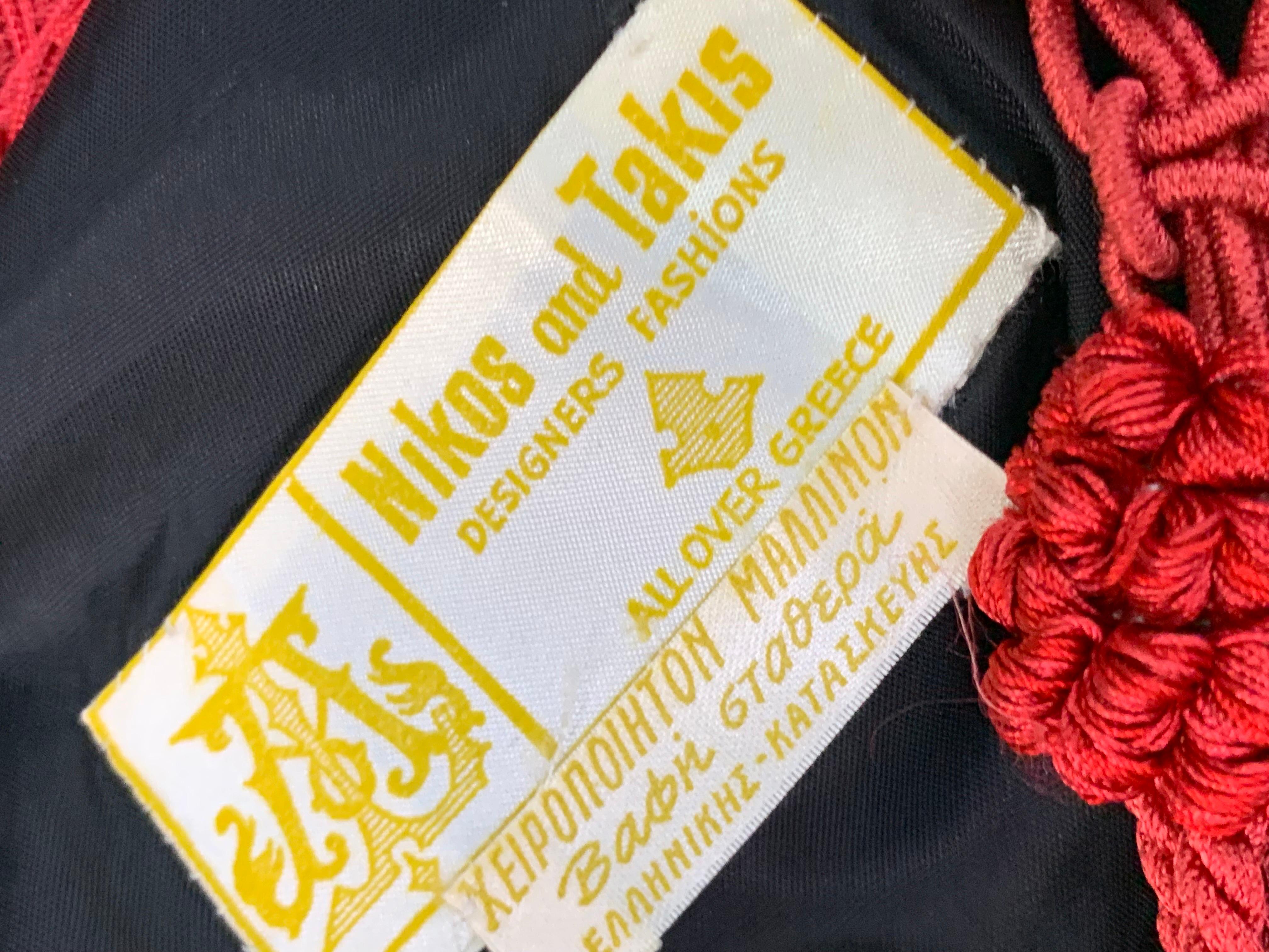 1970s Nikos-Takis Black Wool & Silk Chiffon Folkloric Maxi Dress w Embroidery For Sale 15