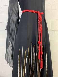 1970s Nikos-Takis Black Wool & Silk Chiffon Folkloric Maxi Dress w Embroidery