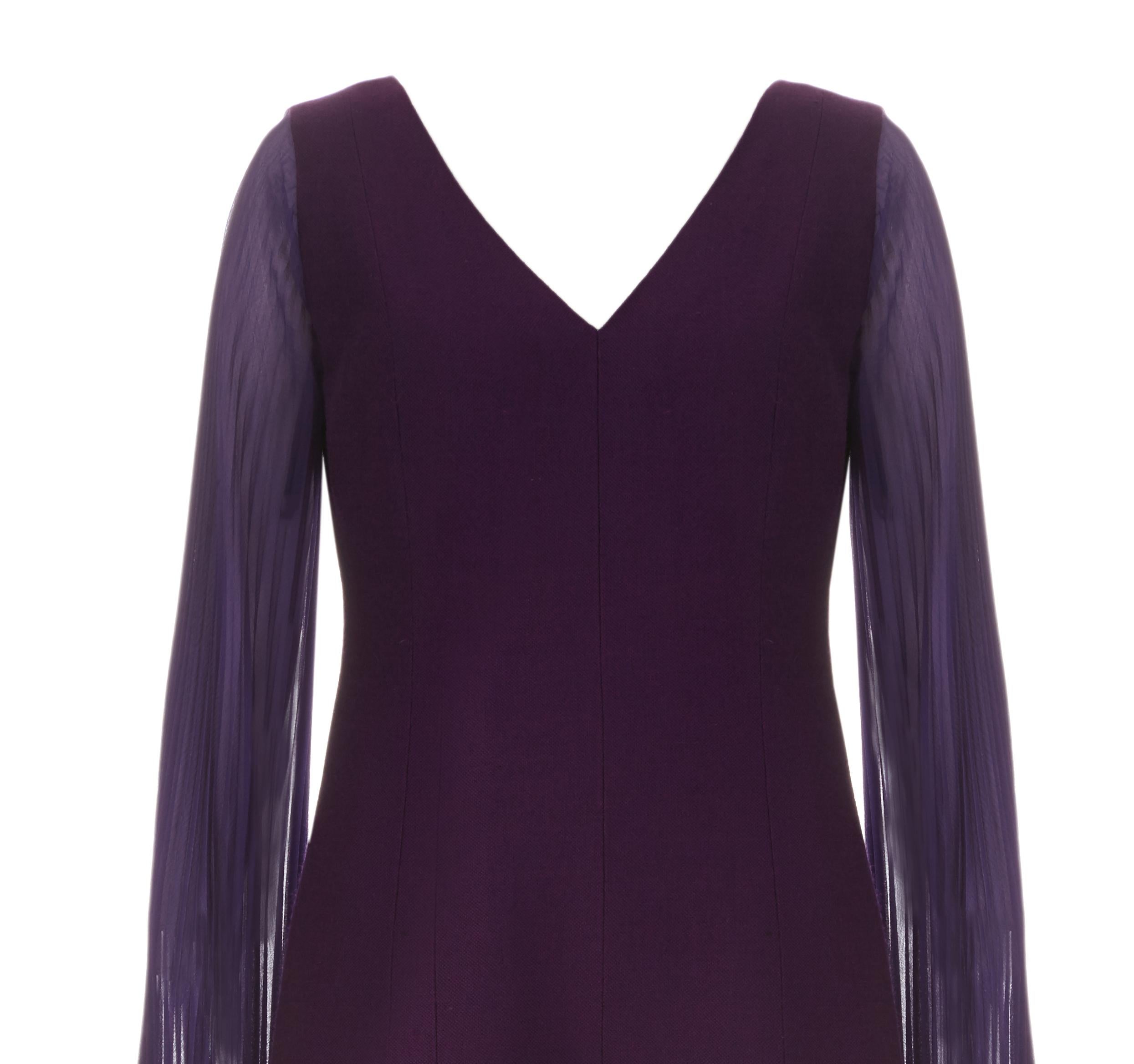 1970s Nikos-Takis Couture Purple Wool and Chiffon Dress  In Excellent Condition For Sale In London, GB