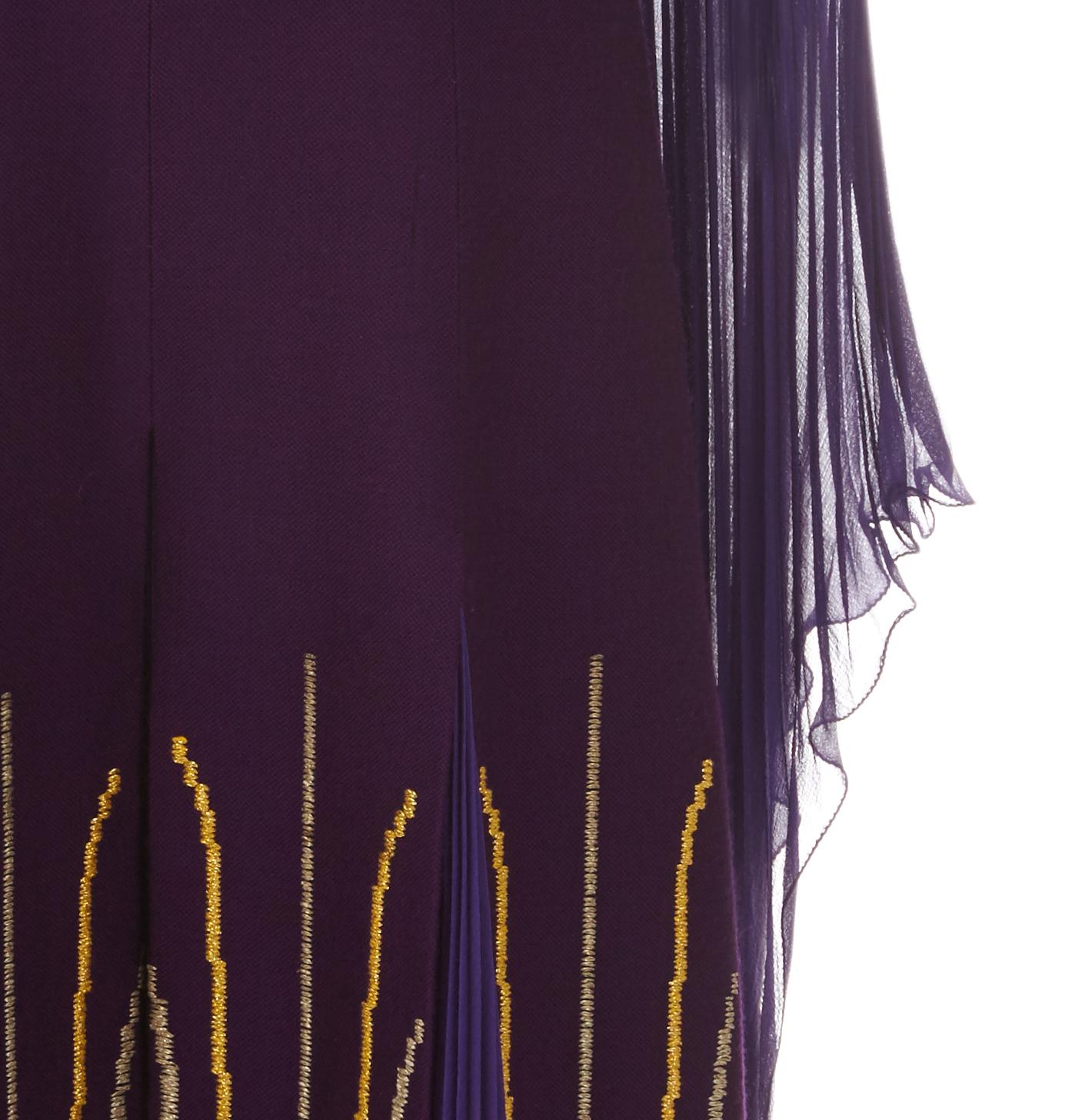 1970s Nikos-Takis Couture Purple Wool and Chiffon Dress  For Sale 1