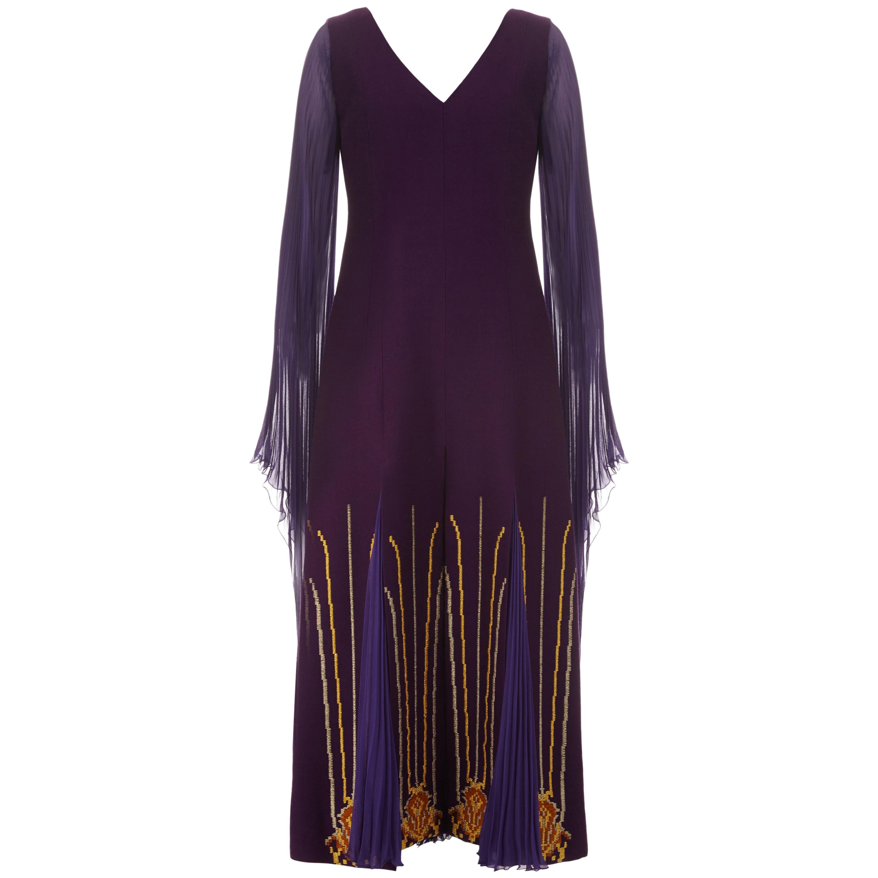 1970s Nikos-Takis Couture Purple Wool and Chiffon Dress  For Sale