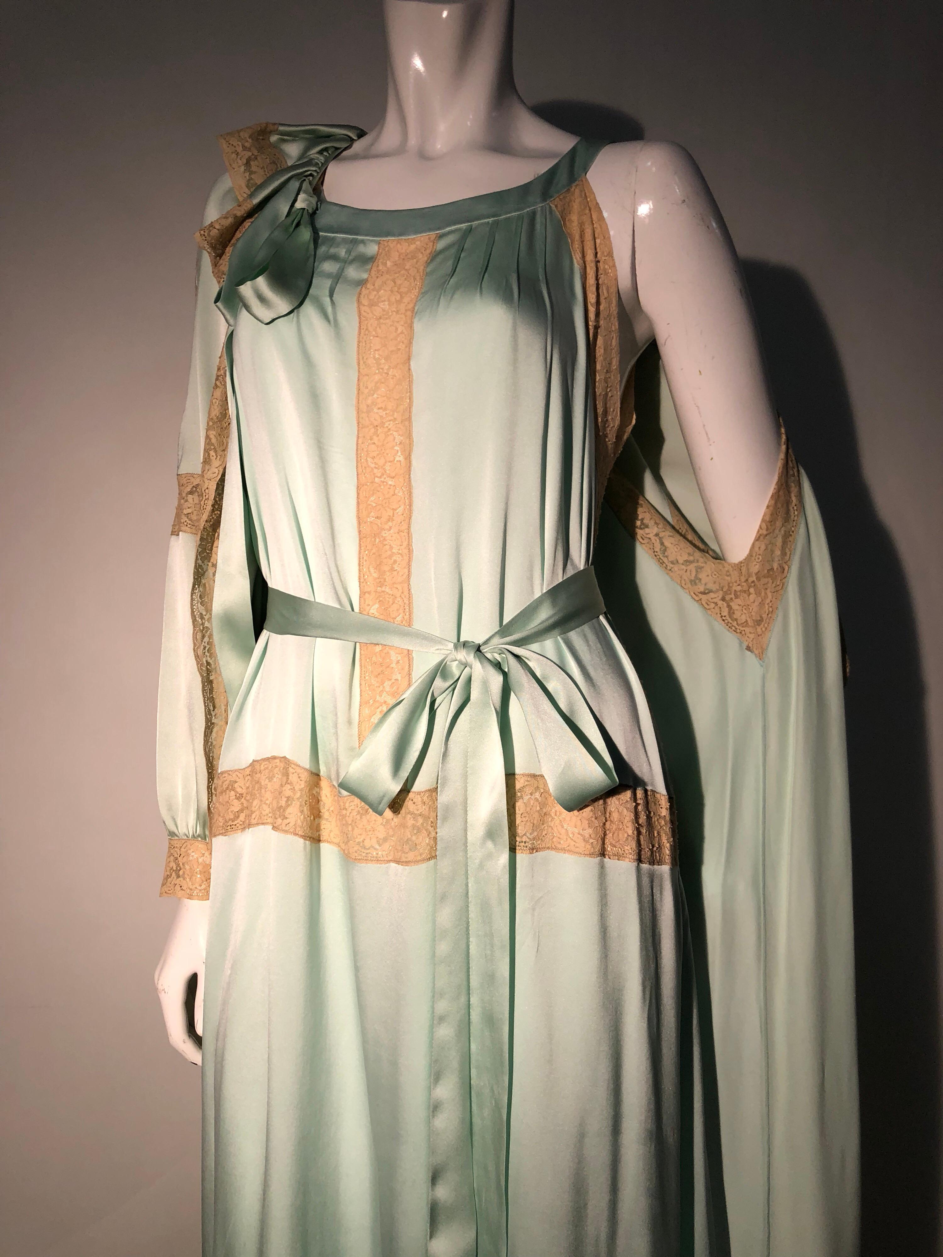 1970s Nina Ricci Mint Green Silk Charmeuse & Ecru Lace 2 Piece Peignoir Set 8