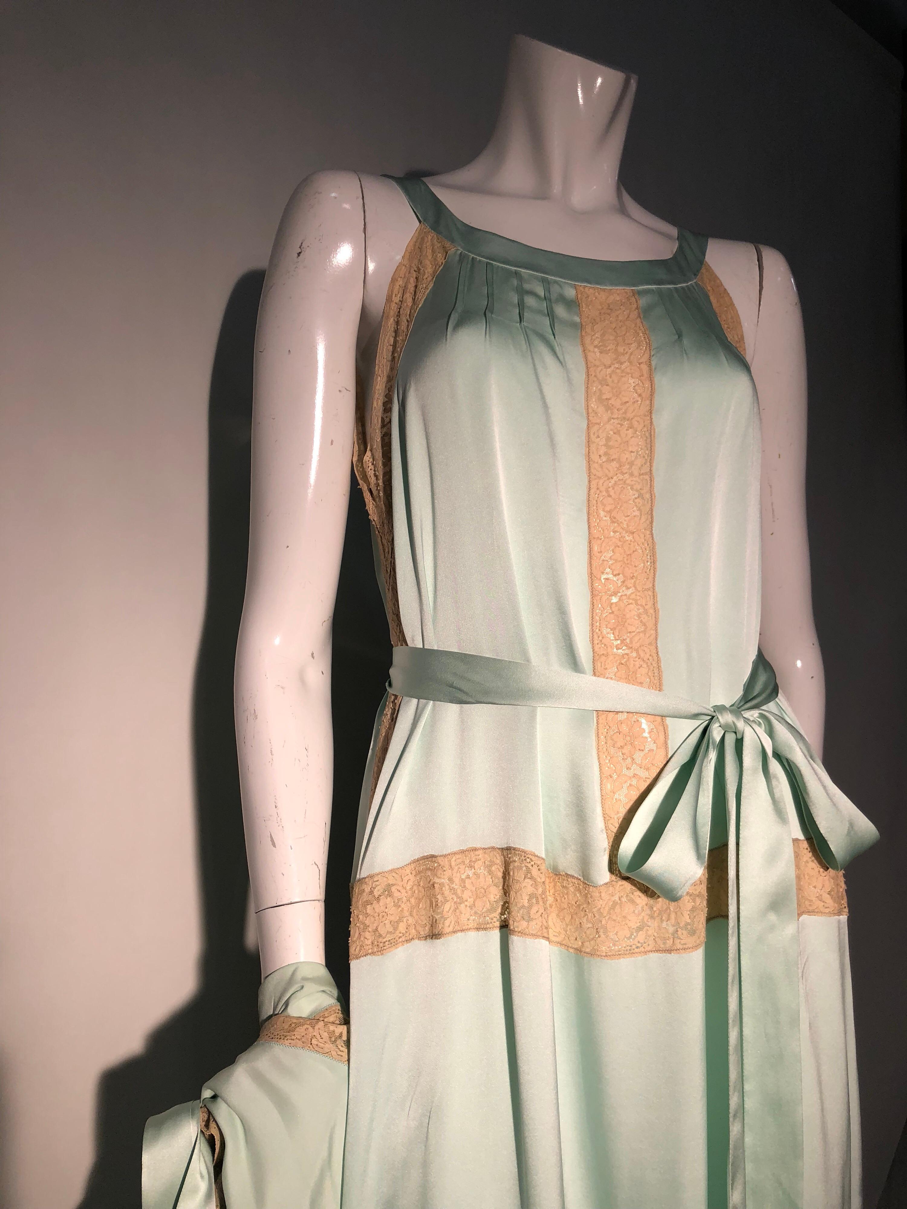1970s Nina Ricci Mint Green Silk Charmeuse & Ecru Lace 2 Piece Peignoir Set 9