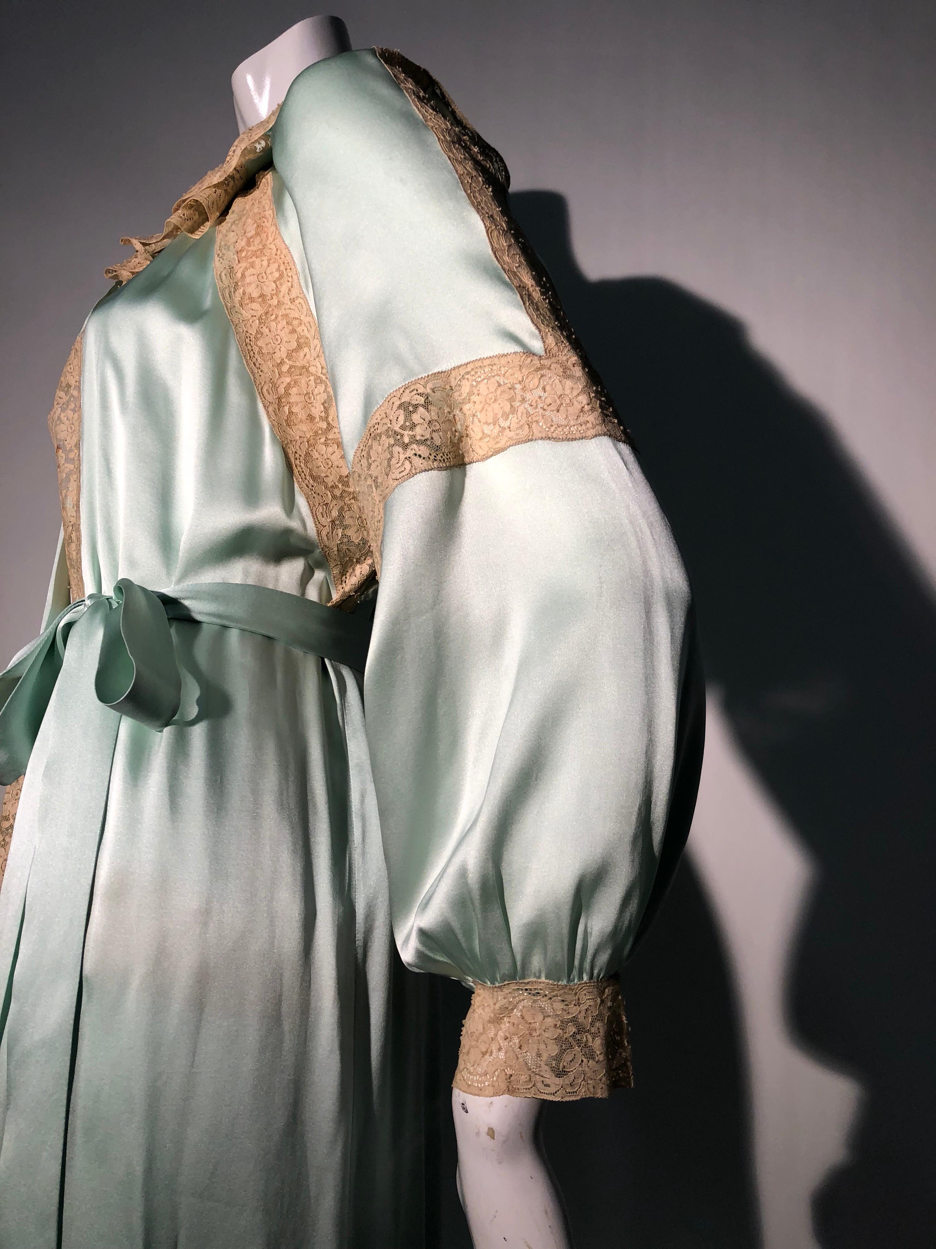 1970s Nina Ricci Mint Green Silk Charmeuse & Ecru Lace 2 Piece Peignoir Set 2