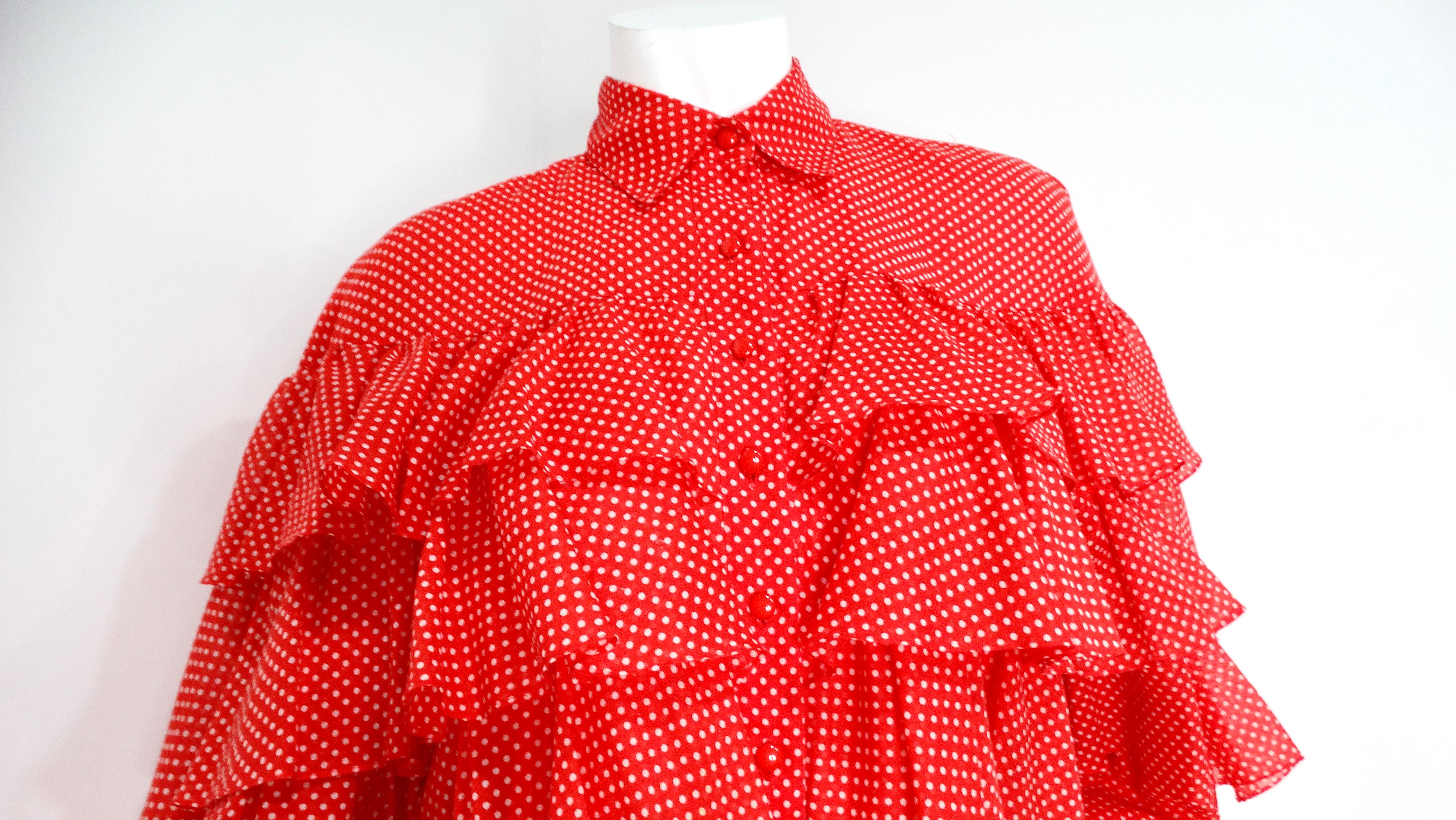 1970s Nina Ricci Orange-Red Polka Dot Tiered Ruffle Blouse In Good Condition For Sale In Scottsdale, AZ