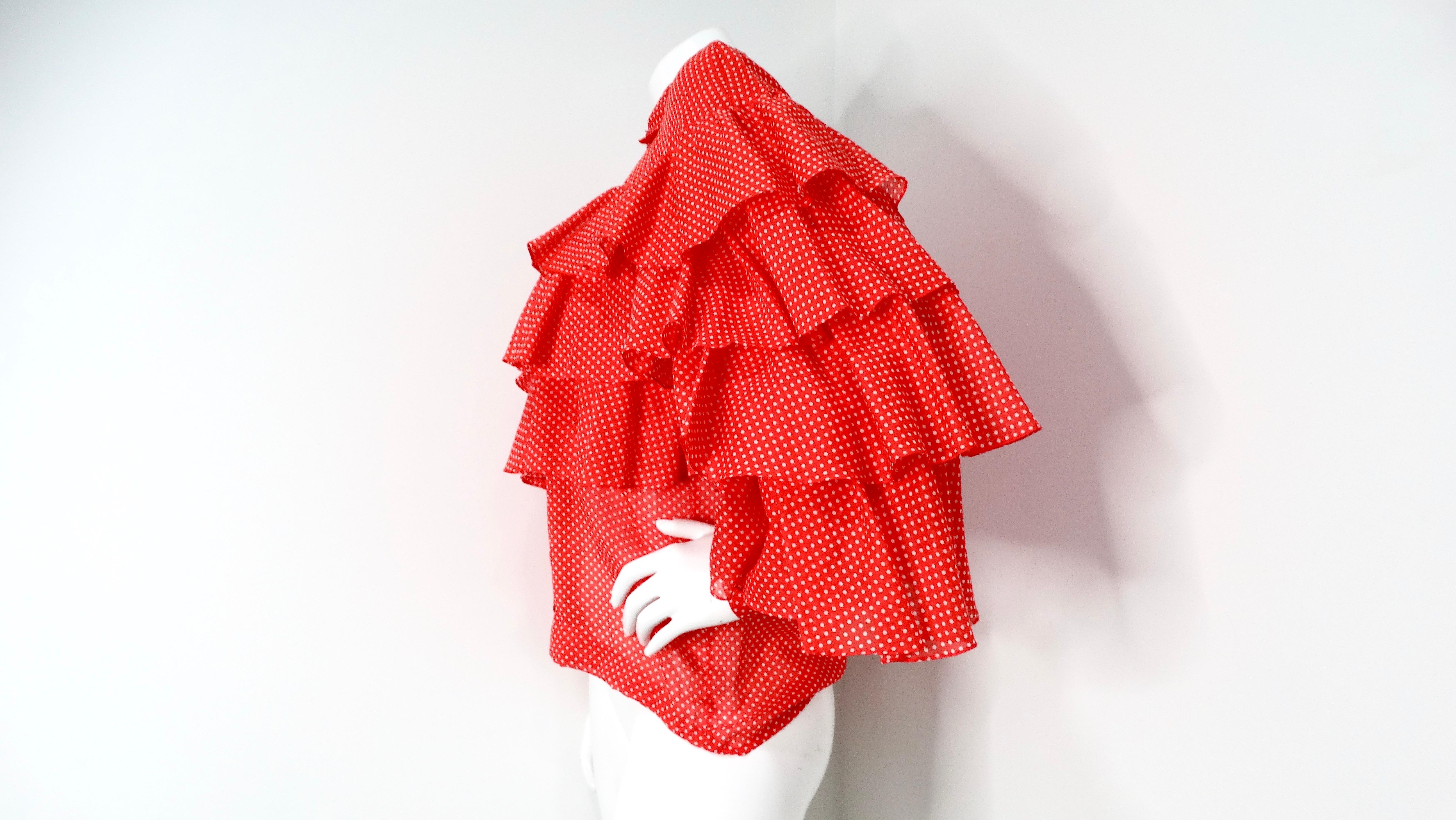 Women's 1970s Nina Ricci Orange-Red Polka Dot Tiered Ruffle Blouse For Sale