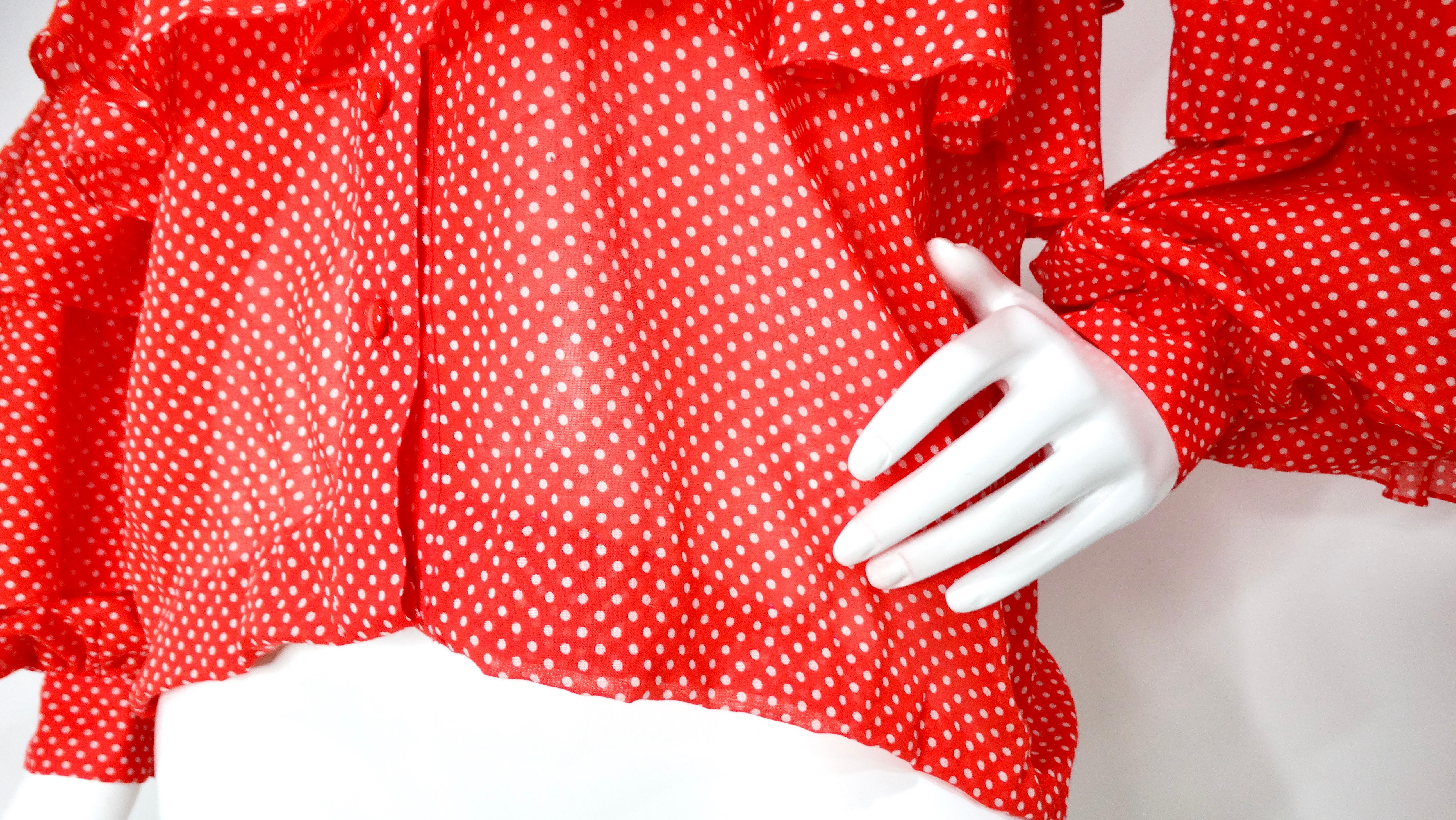 1970s Nina Ricci Orange-Red Polka Dot Tiered Ruffle Blouse For Sale 1