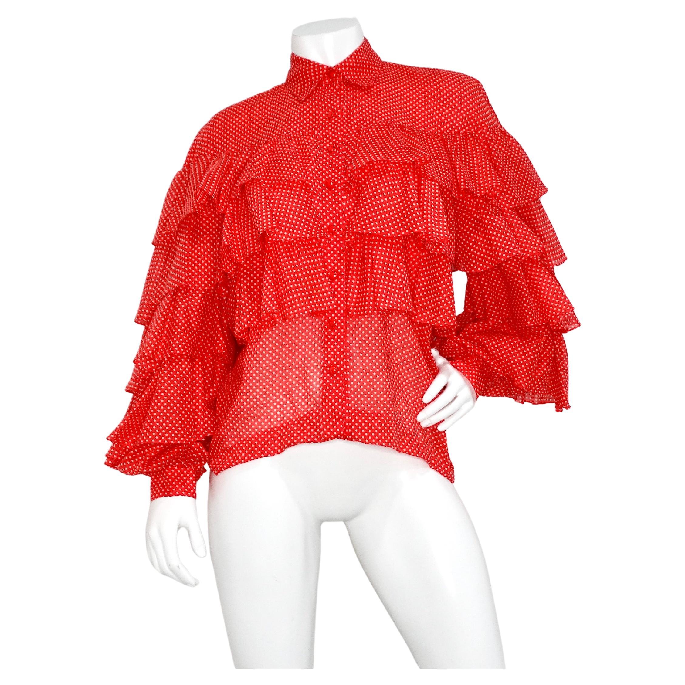 1970s Nina Ricci Orange-Red Polka Dot Tiered Ruffle Blouse For Sale