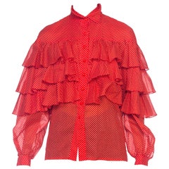 1970s Nina Ricci Polka Dot Ruffled Cotton Blouse