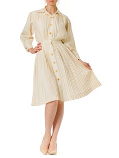 1970S NINA RICCI Ivory Silk Pleated Long Sleeve Shirt Dress