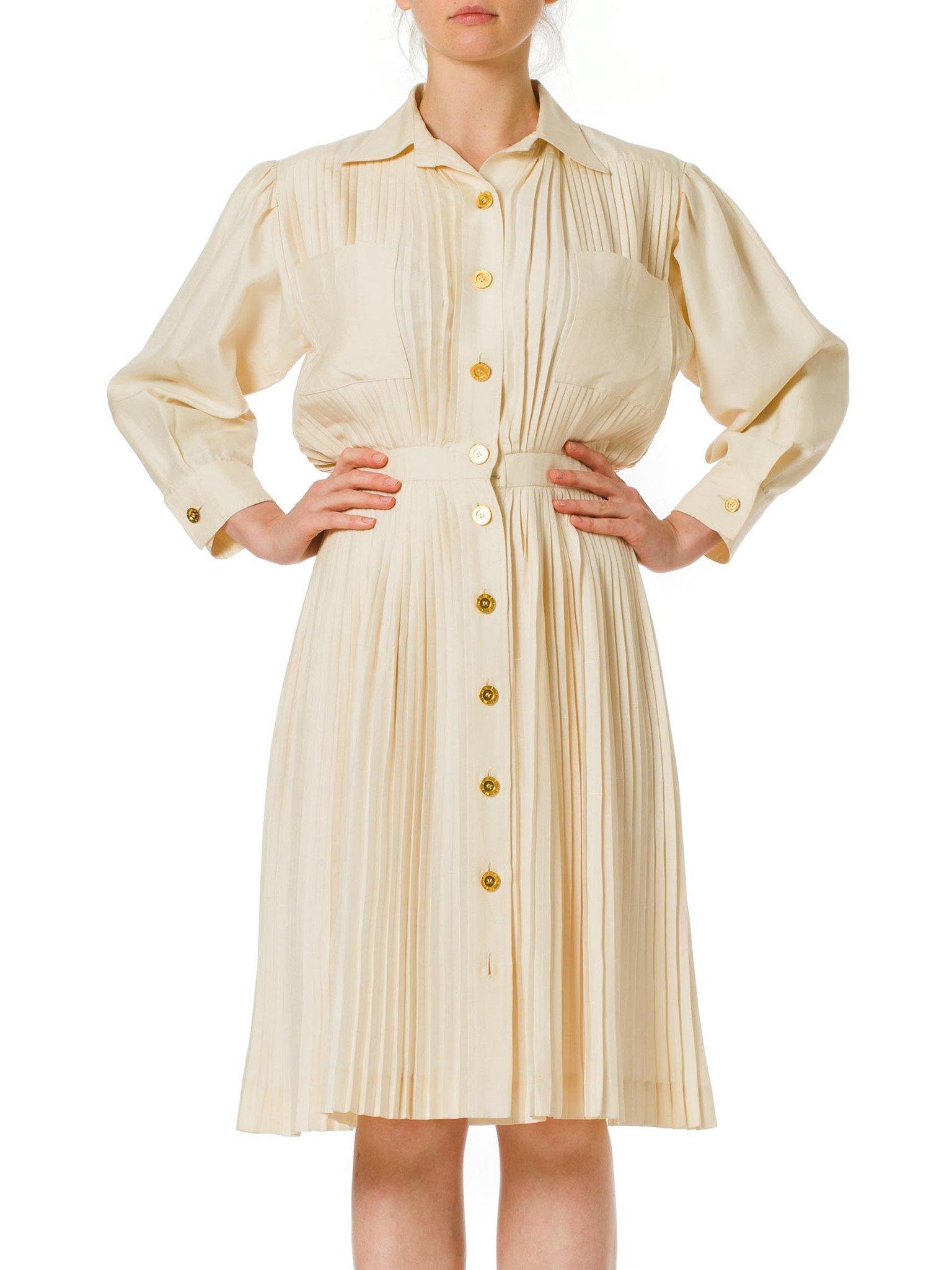 Beige 1970S NINA RICCI Ivory Silk Pleated Long Sleeve Shirt Dress