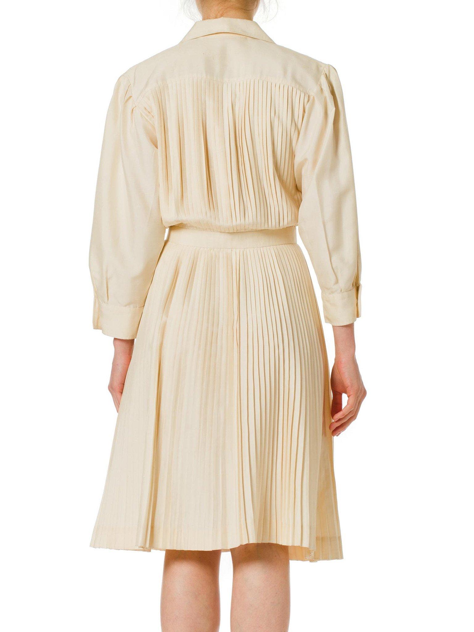 1970S NINA RICCI Ivory Silk Pleated Long Sleeve Shirt Dress 1