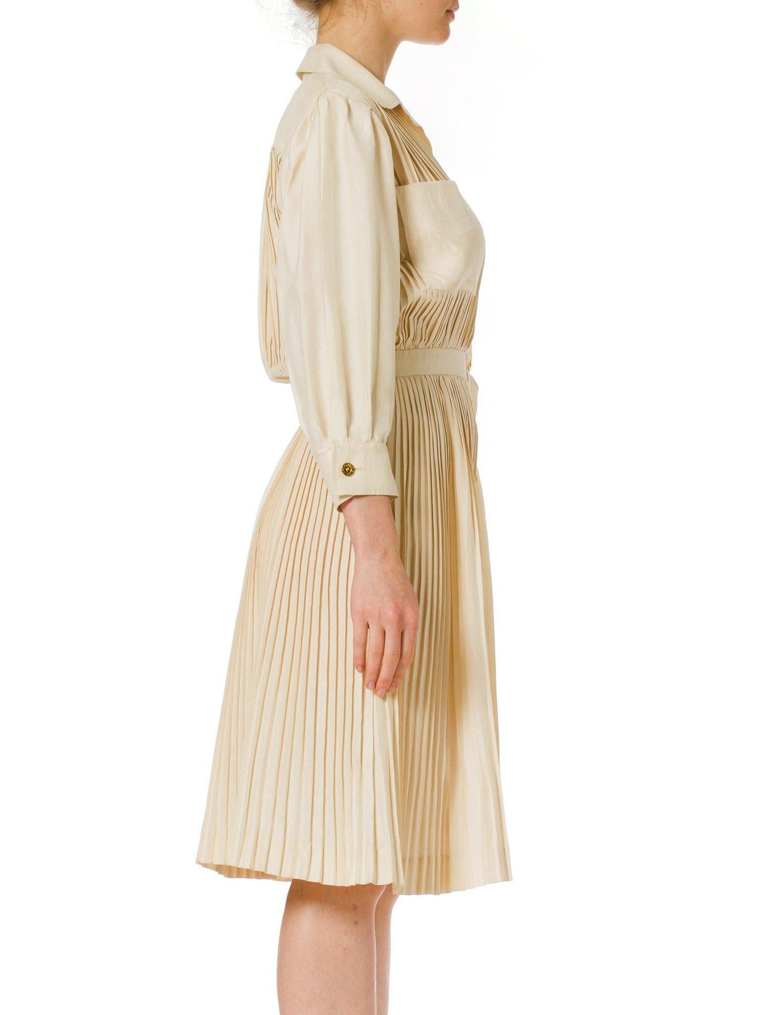1970S NINA RICCI Ivory Silk Pleated Long Sleeve Shirt Dress 2