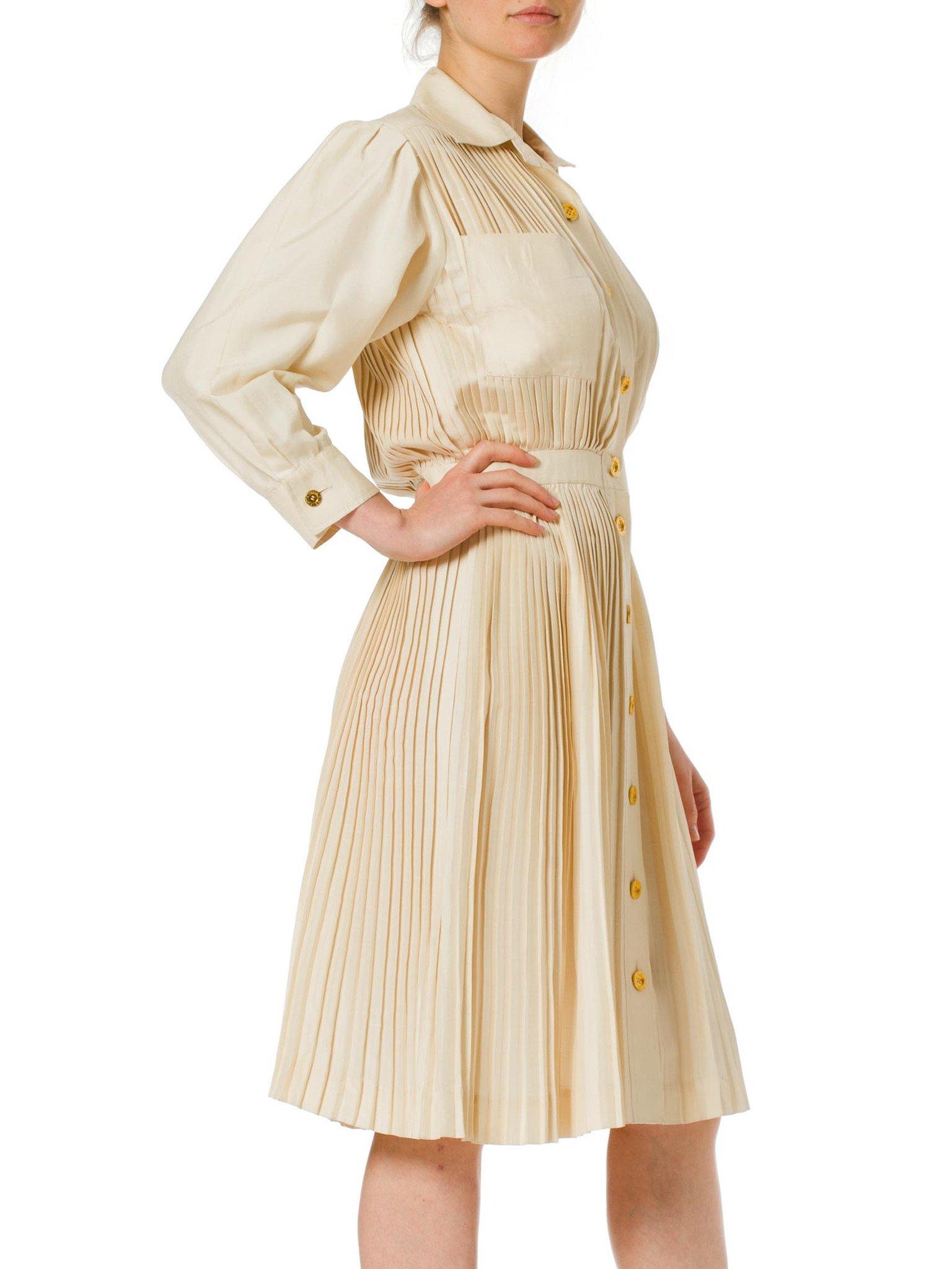 1970S NINA RICCI Ivory Silk Pleated Long Sleeve Shirt Dress 3