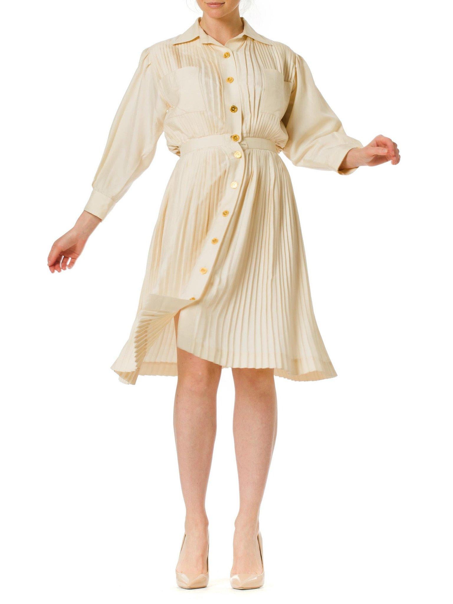 1970S NINA RICCI Ivory Silk Pleated Long Sleeve Shirt Dress 4