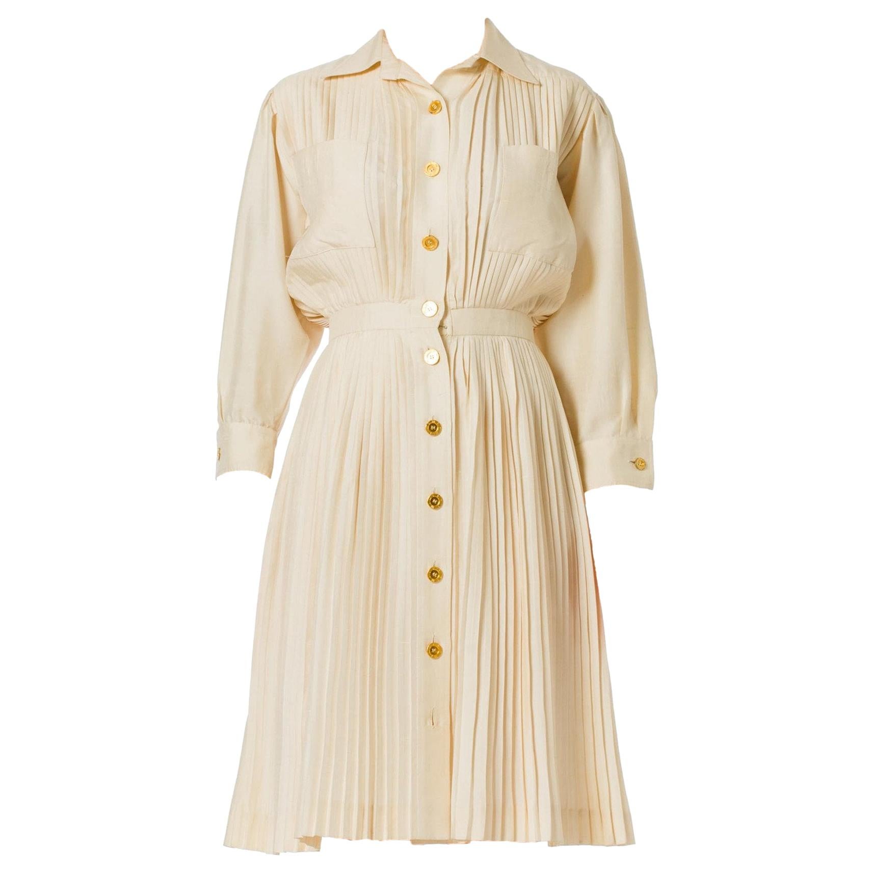 1970S NINA RICCI Ivory Silk Pleated Long Sleeve Shirt Dress