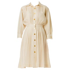 1970S NINA RICCI Ivory Silk Pleated Long Sleeve Shirt Dress