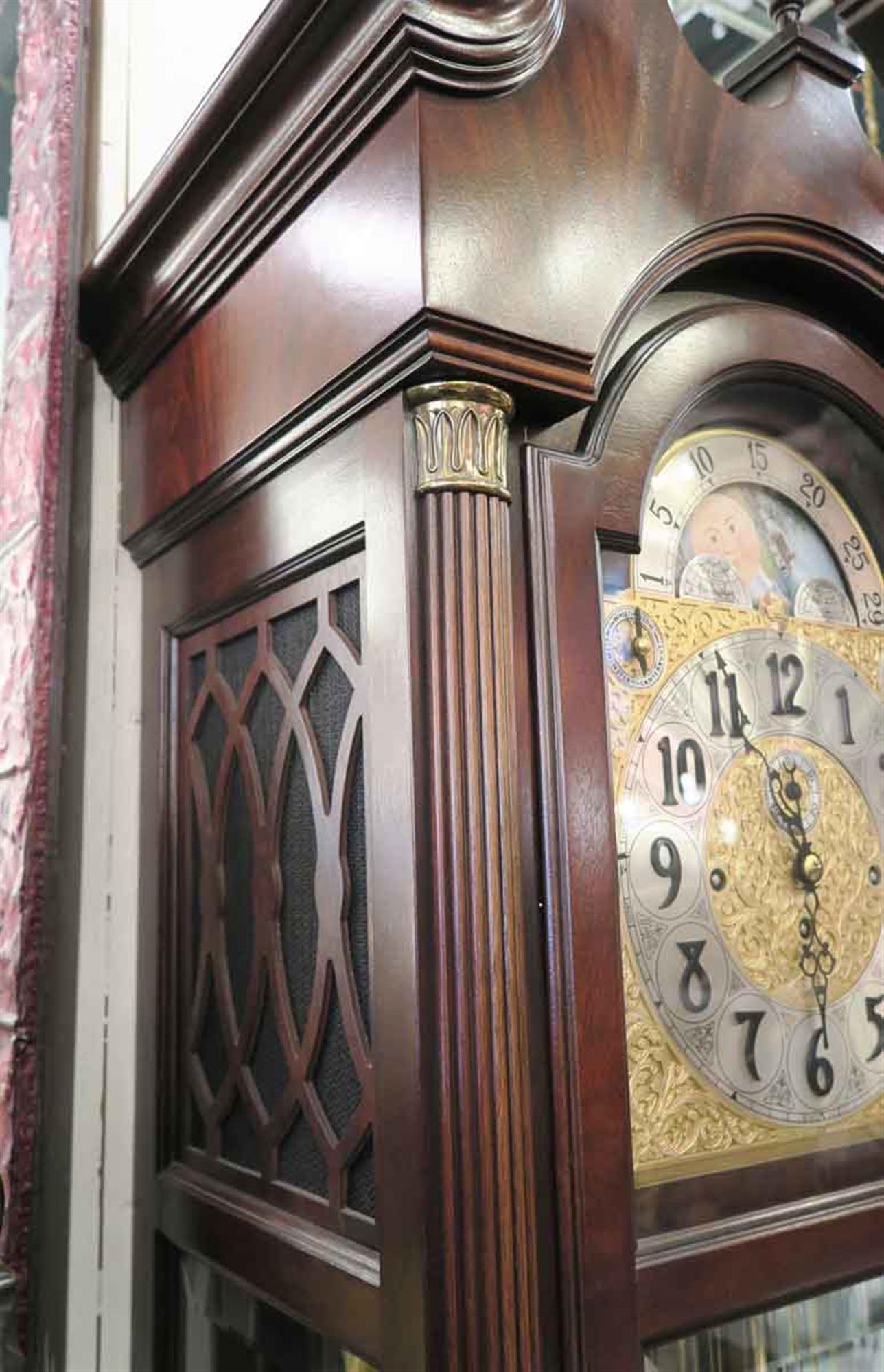 1970s Nine Tube Mahogany Herschede Grandfather Clock with Brass Accents In Good Condition For Sale In New York, NY