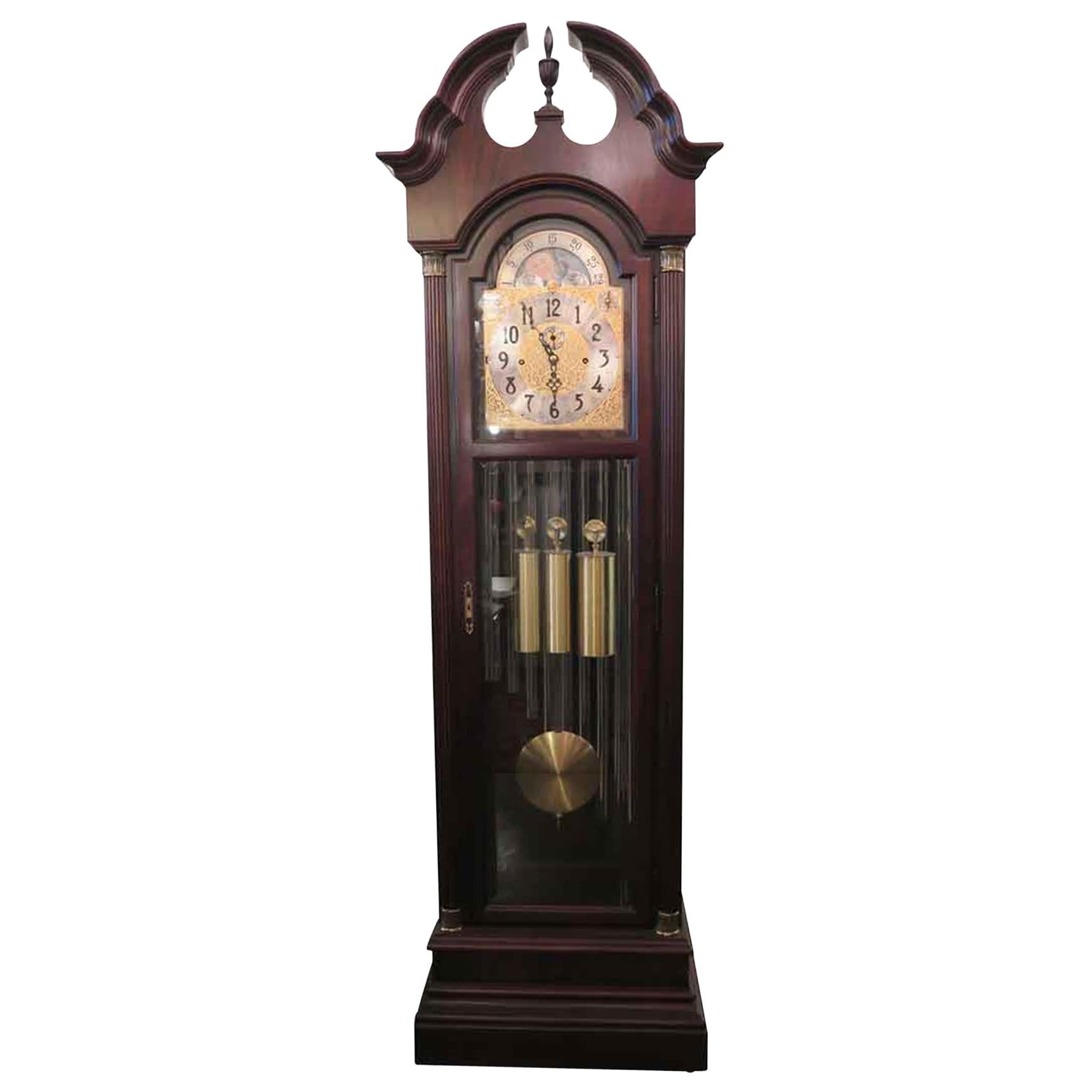 1970s Nine Tube Mahogany Herschede Grandfather Clock with Brass Accents