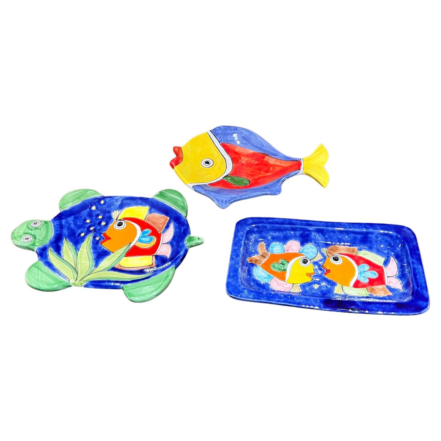 1970s Nino Parrucca Italian Pottery Fish Plate Set Sicily For Sale