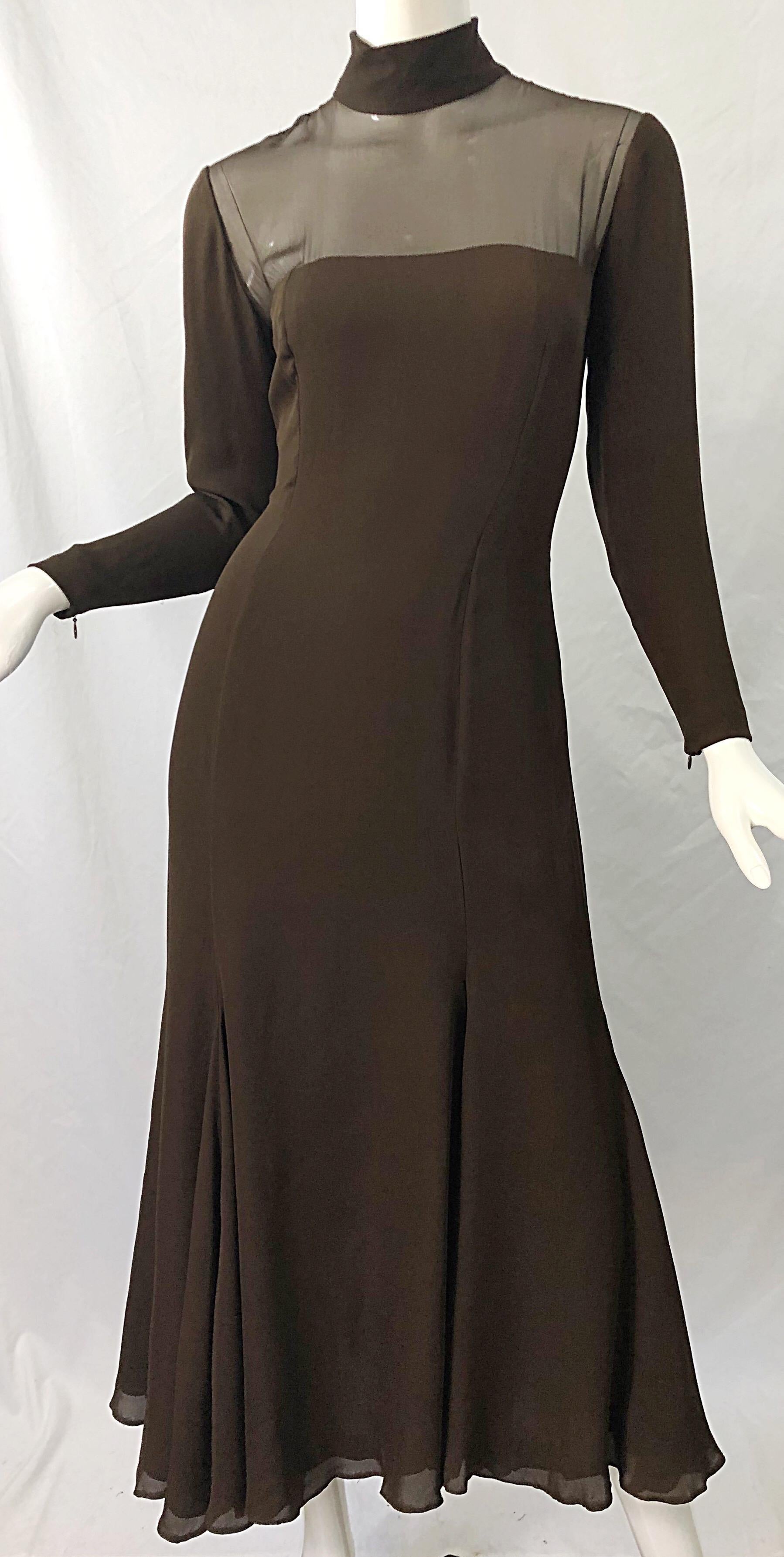 1970s Nolan Miller Couture Chocolate Brown Silk Chiffon Vintage 70s Midi Dress For Sale 2