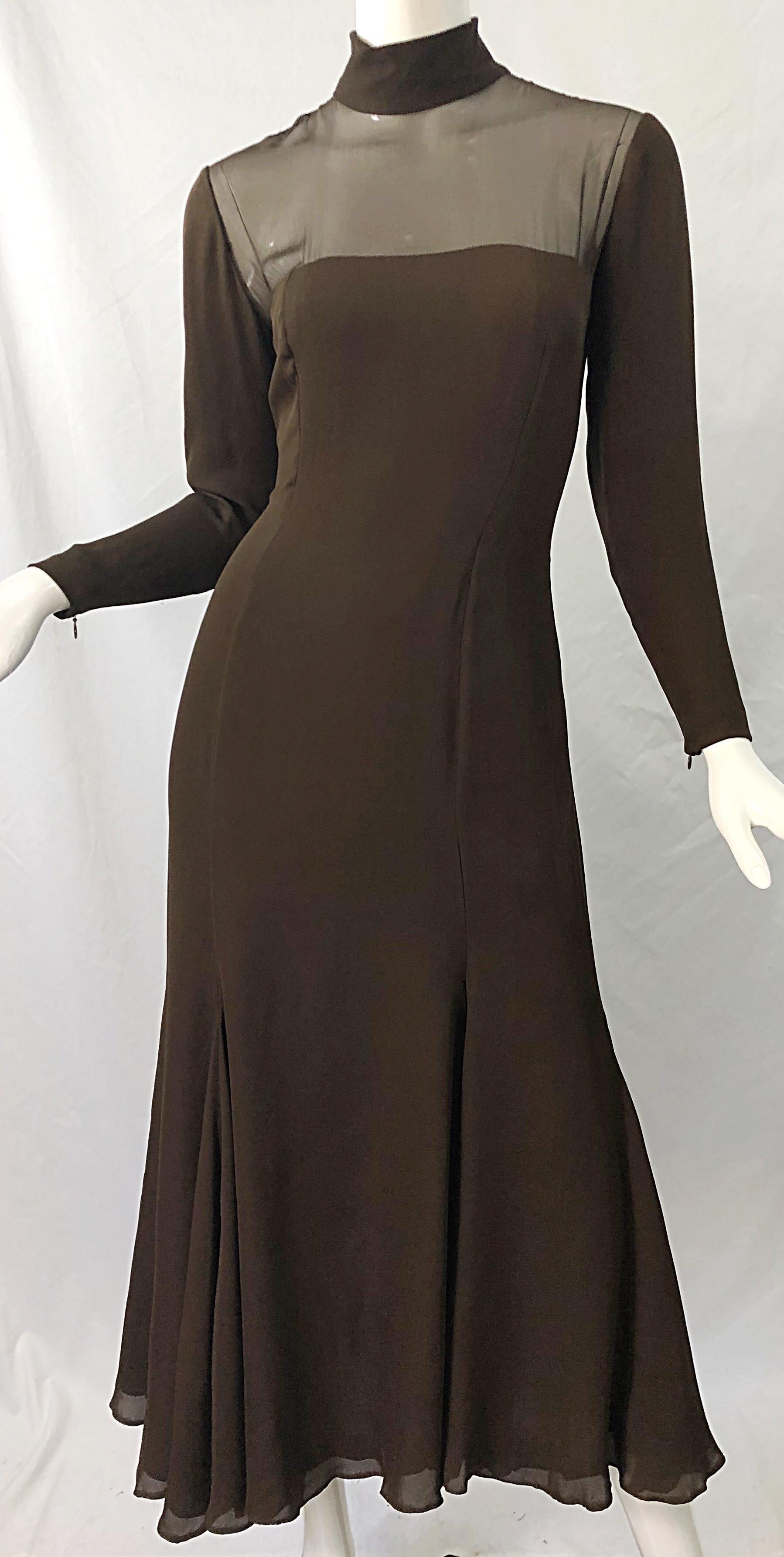 1970 Nolan Miller Couture Chocolate Brown Silk Chiffon Vintage 70s Midi Dress in vendita 5
