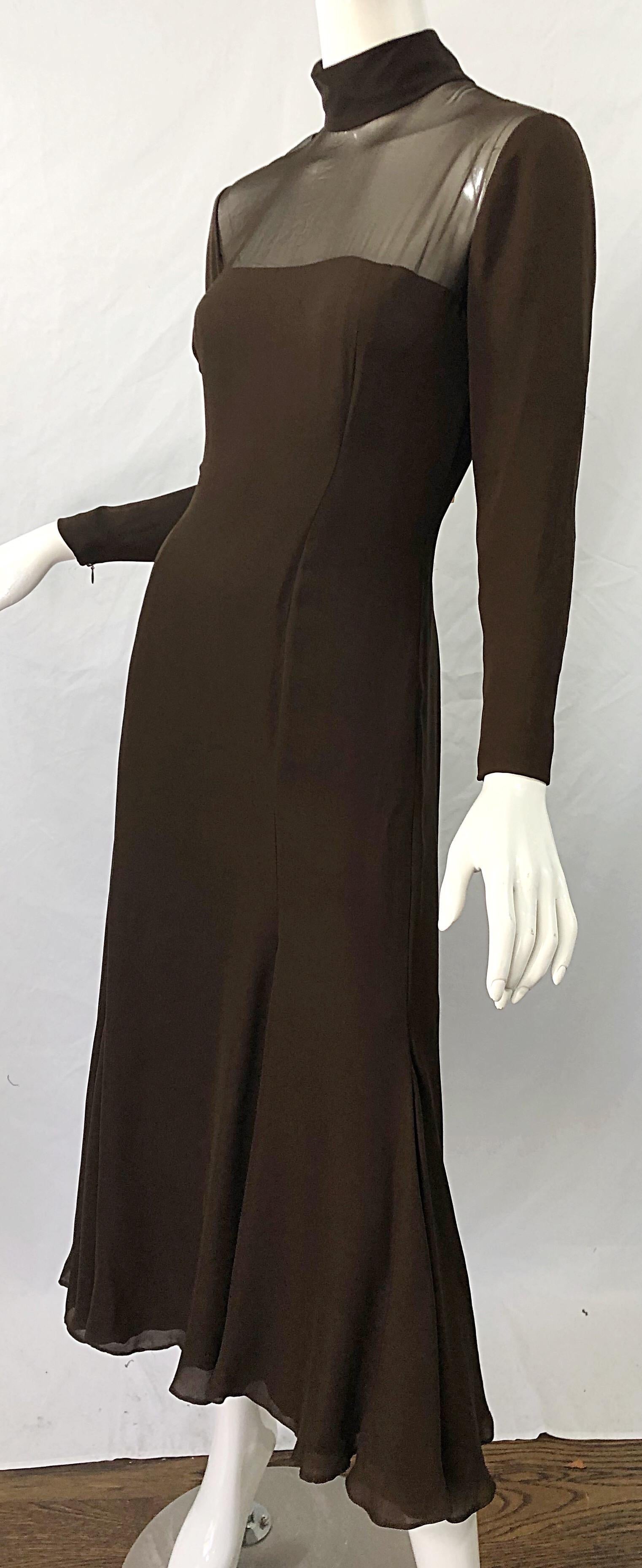 1970s Nolan Miller Couture Chocolate Brown Silk Chiffon Vintage 70s Midi Dress For Sale 3