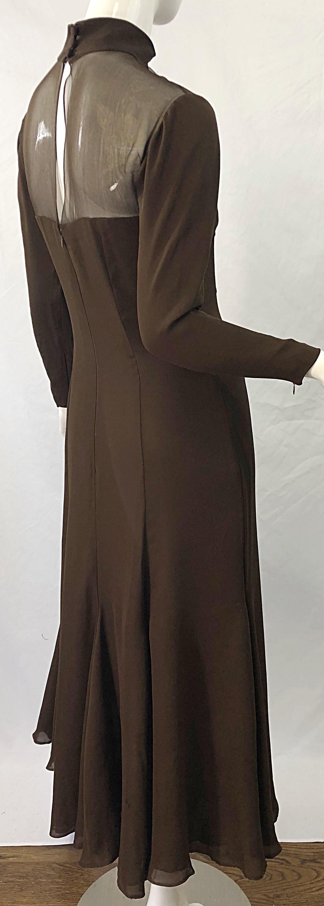 1970s Nolan Miller Couture Chocolate Brown Silk Chiffon Vintage 70s Midi Dress For Sale 4