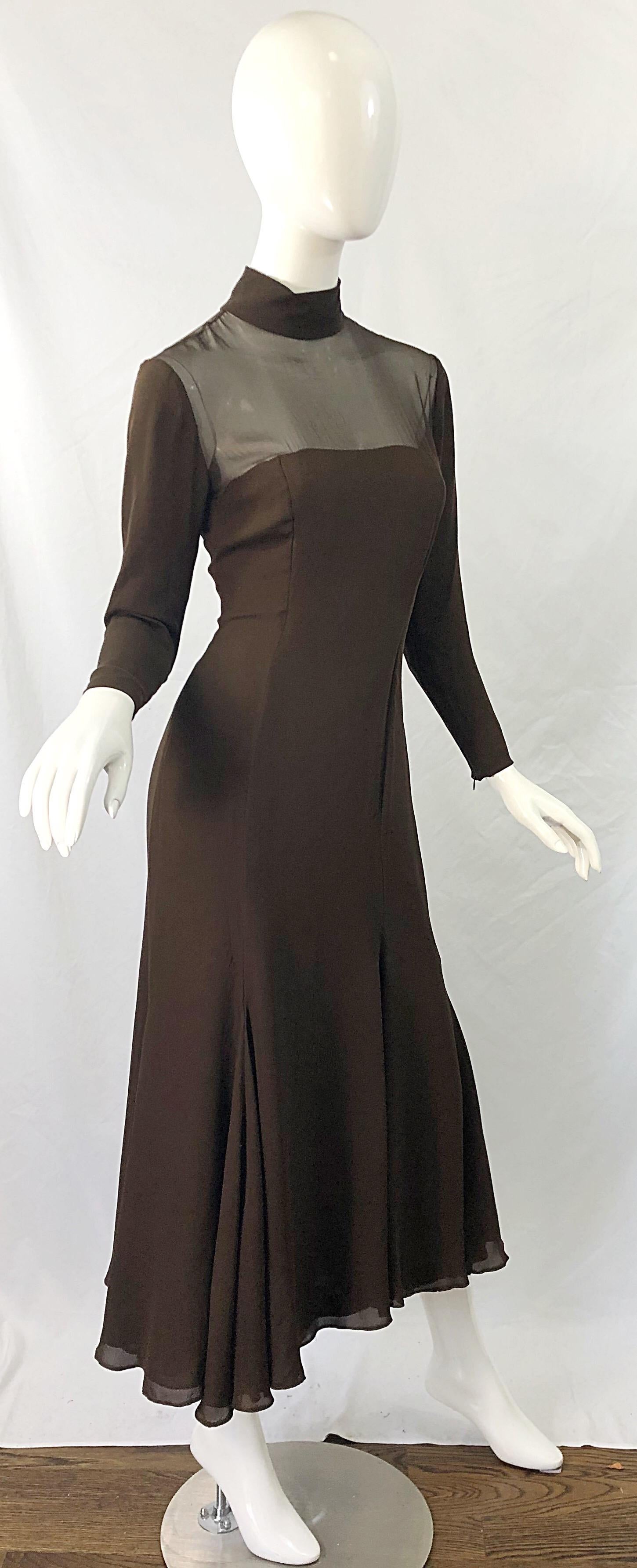 1970s Nolan Miller Couture Chocolate Brown Silk Chiffon Vintage 70s Midi Dress For Sale 5