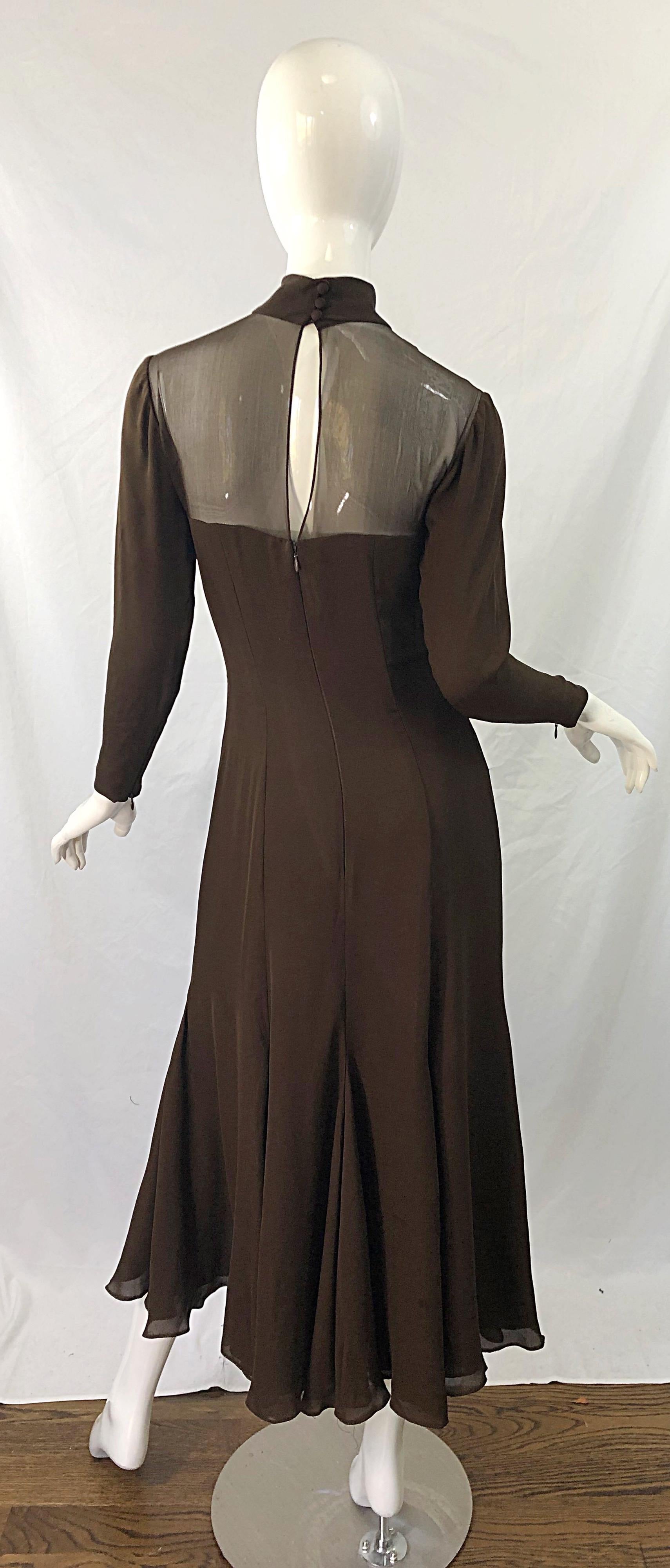 1970s Nolan Miller Couture Chocolate Brown Silk Chiffon Vintage 70s Midi Dress For Sale 6