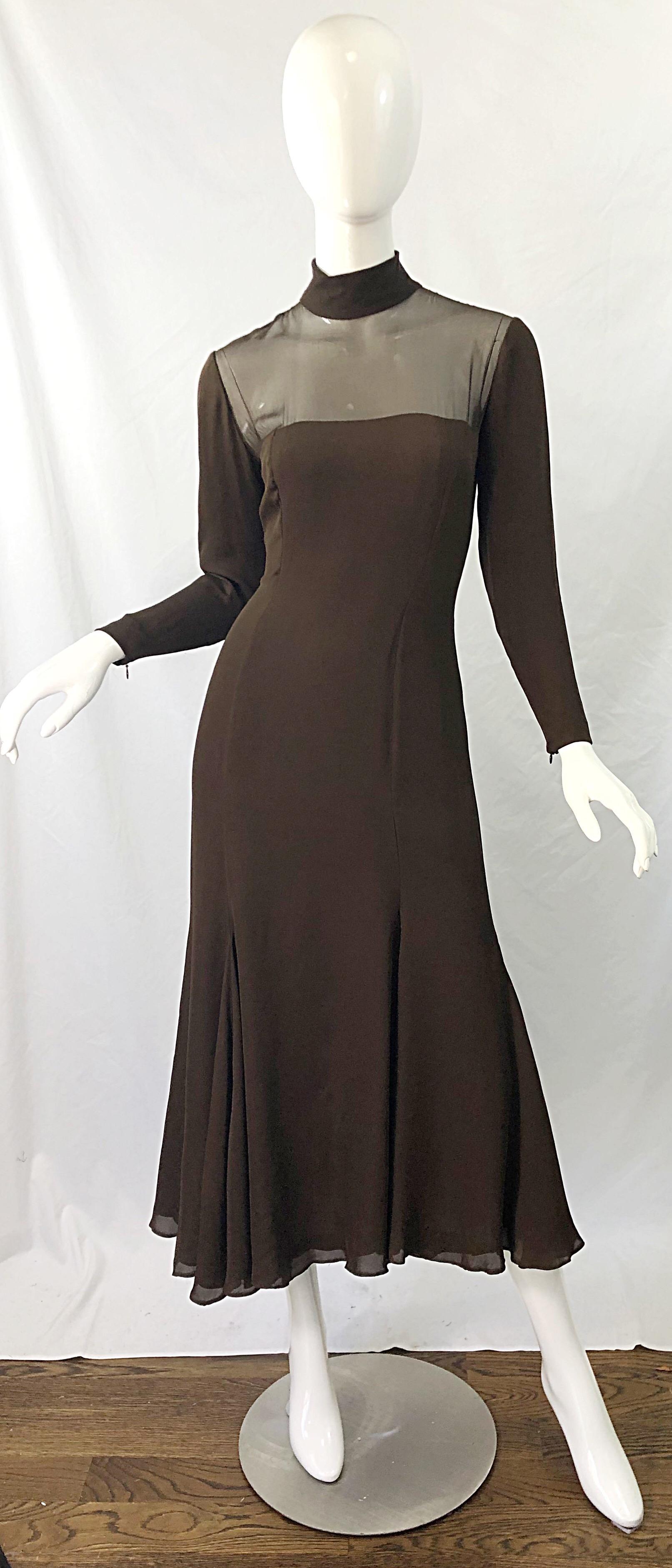 1970s Nolan Miller Couture Chocolate Brown Silk Chiffon Vintage 70s Midi Dress For Sale 7