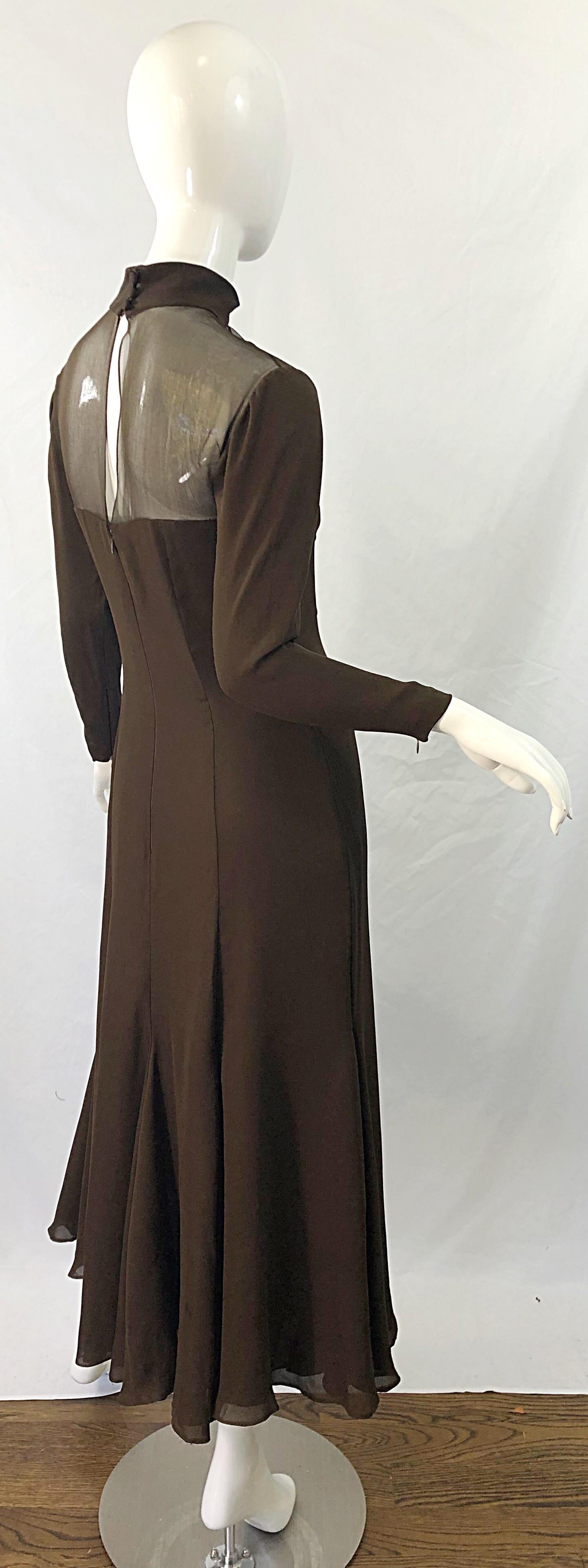 1970 Nolan Miller Couture Chocolate Brown Silk Chiffon Vintage 70s Midi Dress In condizioni ottime in vendita a San Diego, CA