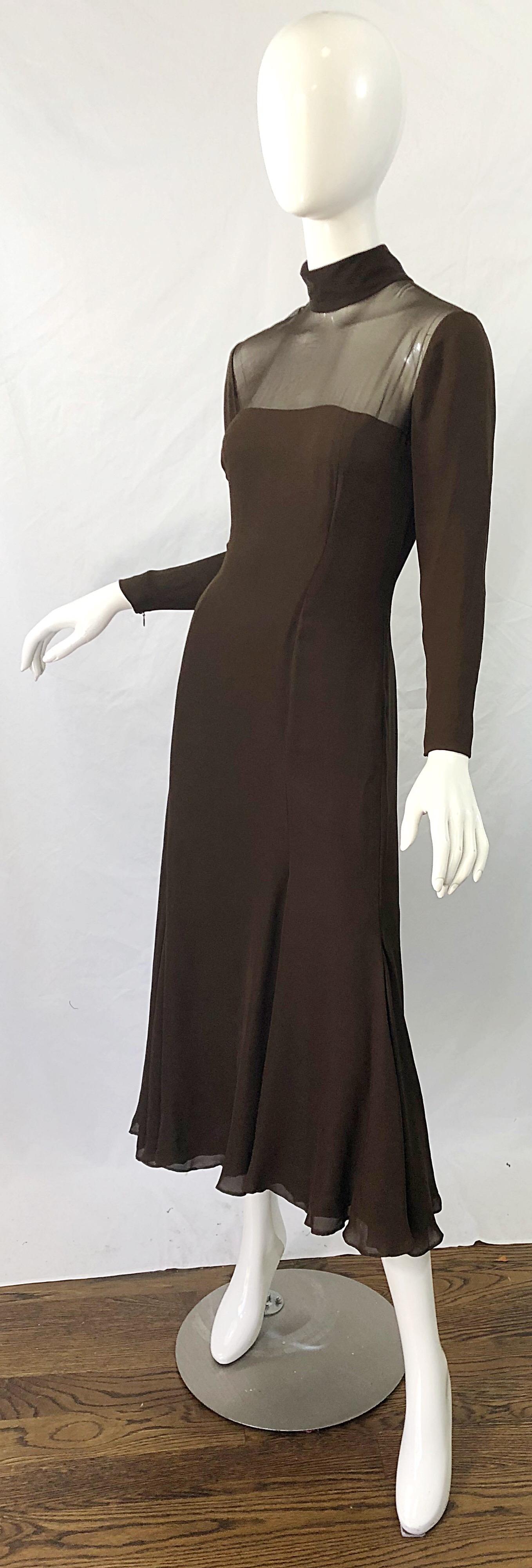Black 1970s Nolan Miller Couture Chocolate Brown Silk Chiffon Vintage 70s Midi Dress For Sale