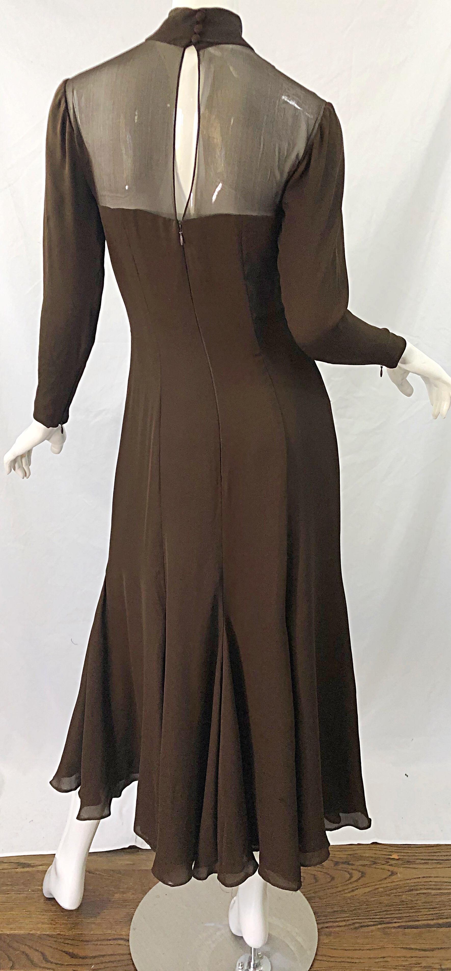1970s Nolan Miller Couture Chocolate Brown Silk Chiffon Vintage 70s Midi Dress In Excellent Condition For Sale In San Diego, CA