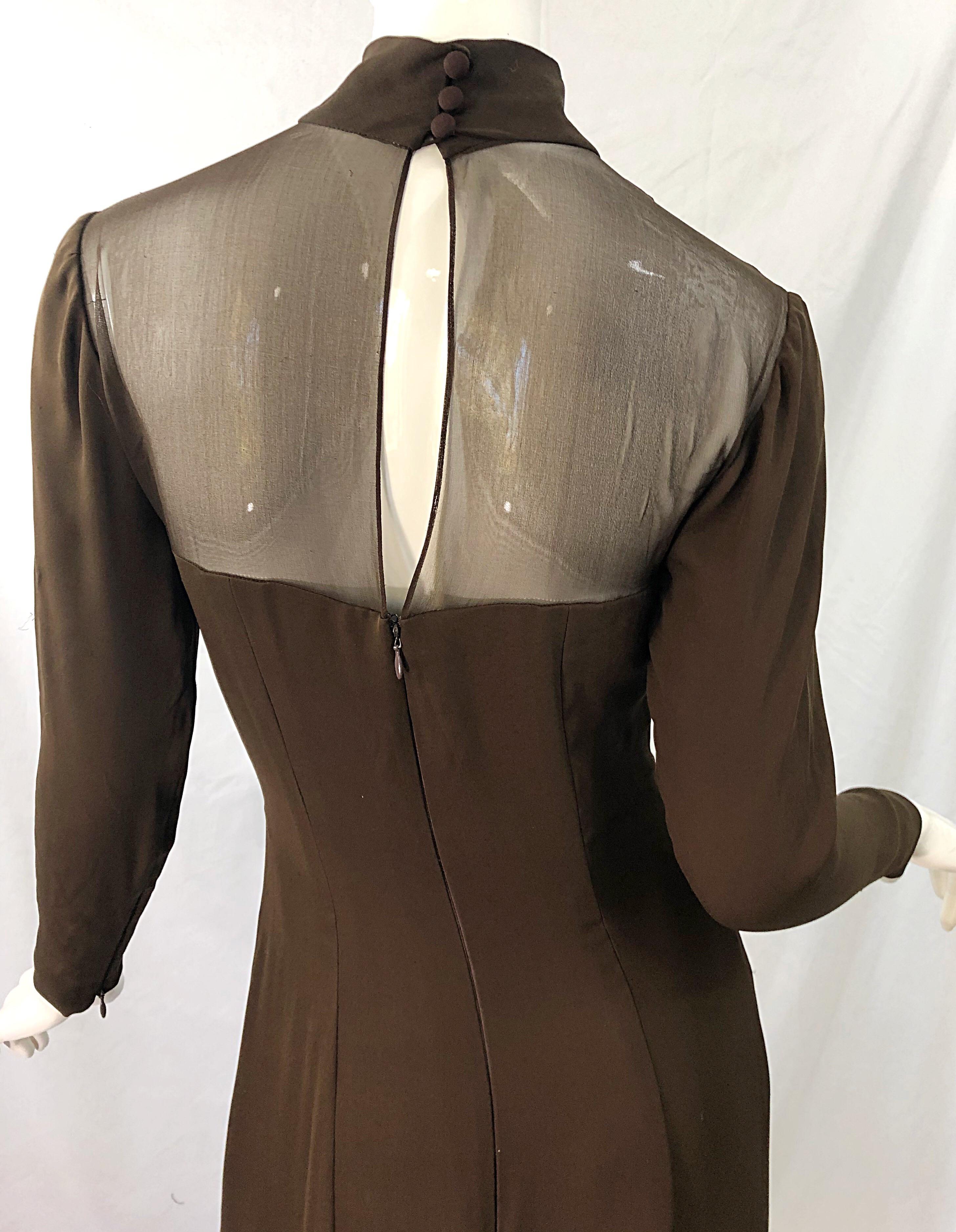 Women's 1970s Nolan Miller Couture Chocolate Brown Silk Chiffon Vintage 70s Midi Dress For Sale