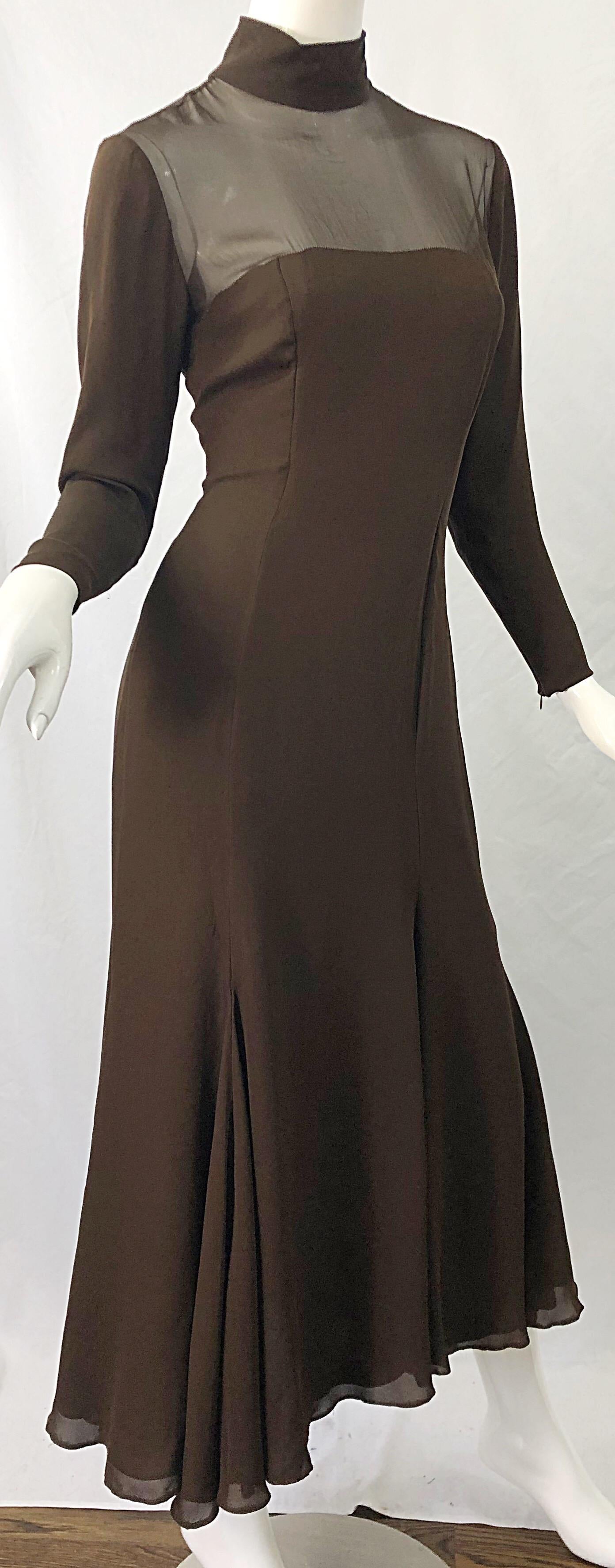 1970s Nolan Miller Couture Chocolate Brown Silk Chiffon Vintage 70s Midi Dress For Sale 1